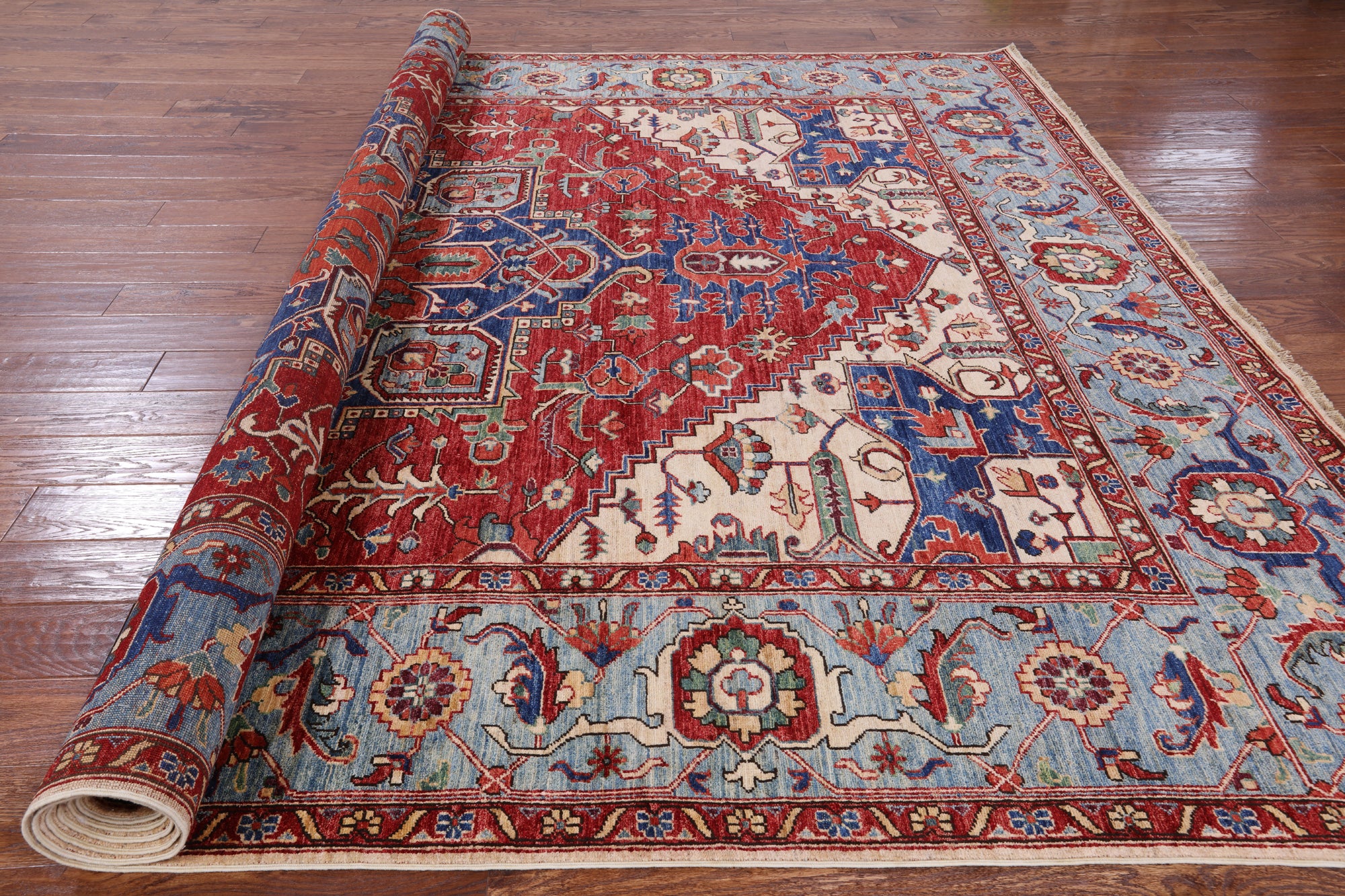 Red Persian Fine Serapi Hand Knotted Wool Area Rug - 8' 10" X 11' 10" - Golden Nile