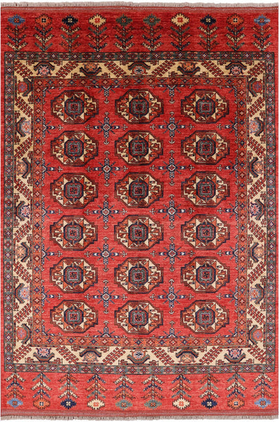 Red Turkmen Ersari Hand Knotted Wool Area Rug - 5' 7" X 8' 0" - Golden Nile