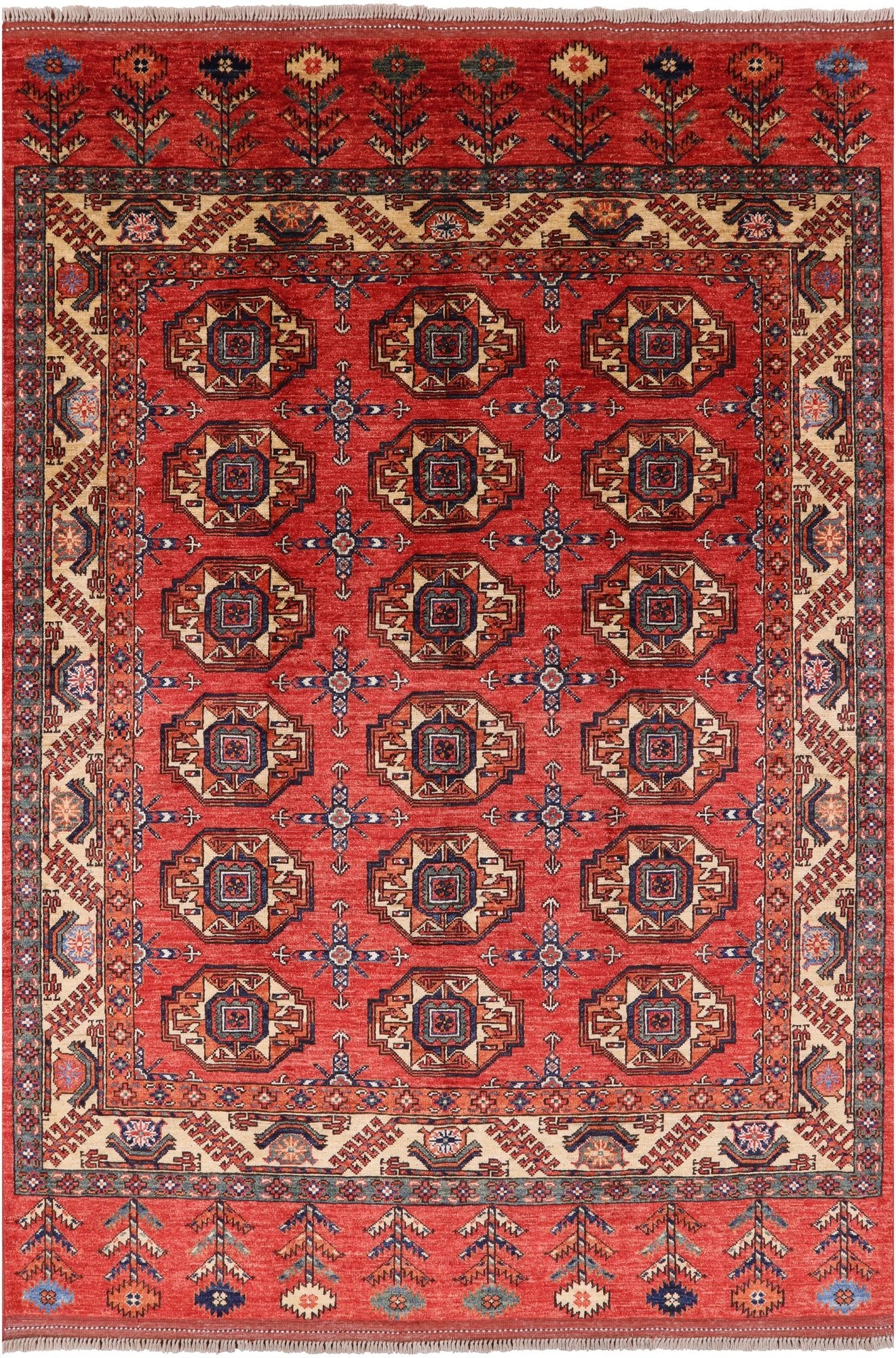 Red Turkmen Ersari Hand Knotted Wool Area Rug - 5' 7" X 8' 0" - Golden Nile