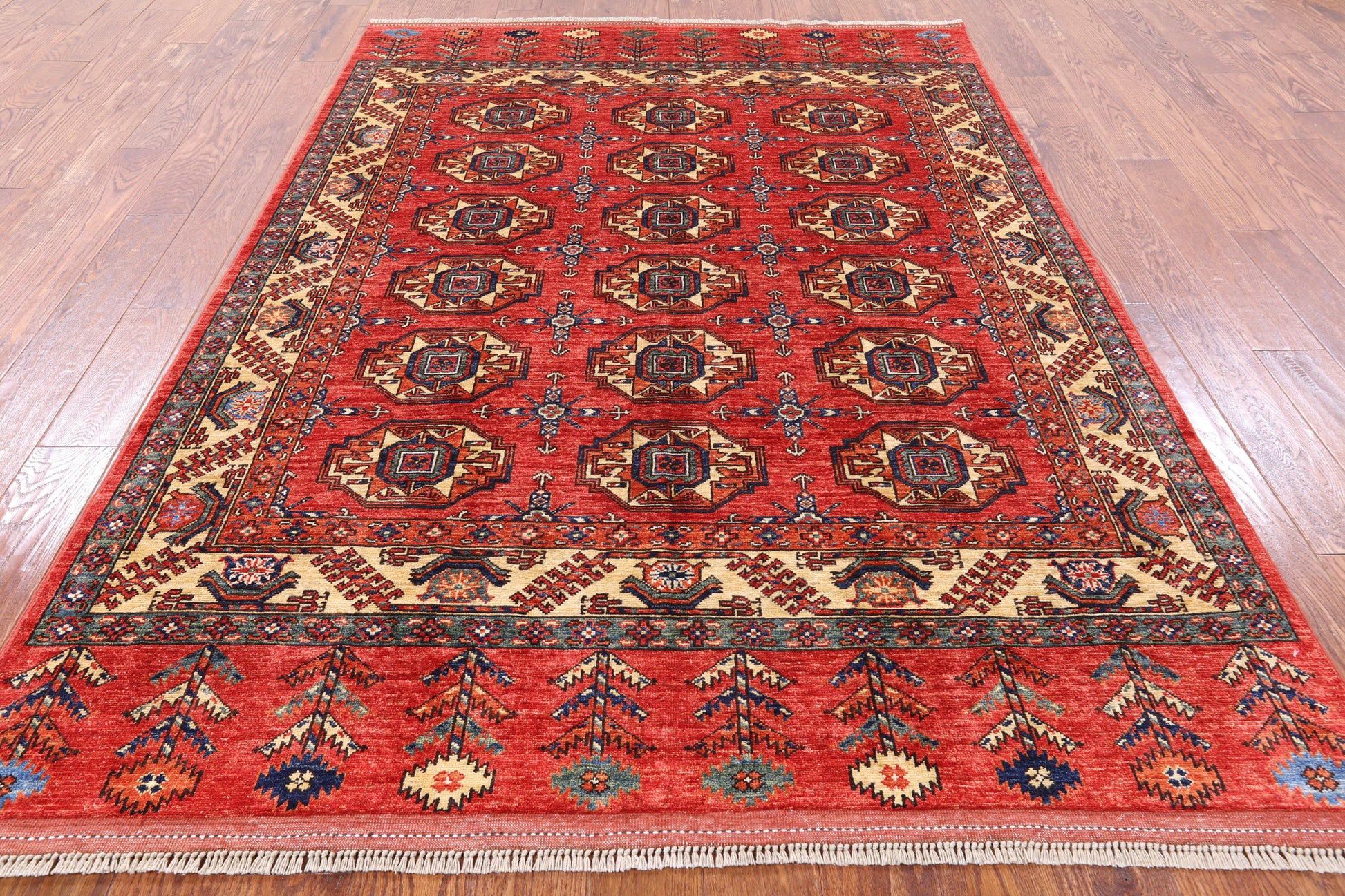 Red Turkmen Ersari Hand Knotted Wool Area Rug - 5' 7" X 8' 0" - Golden Nile
