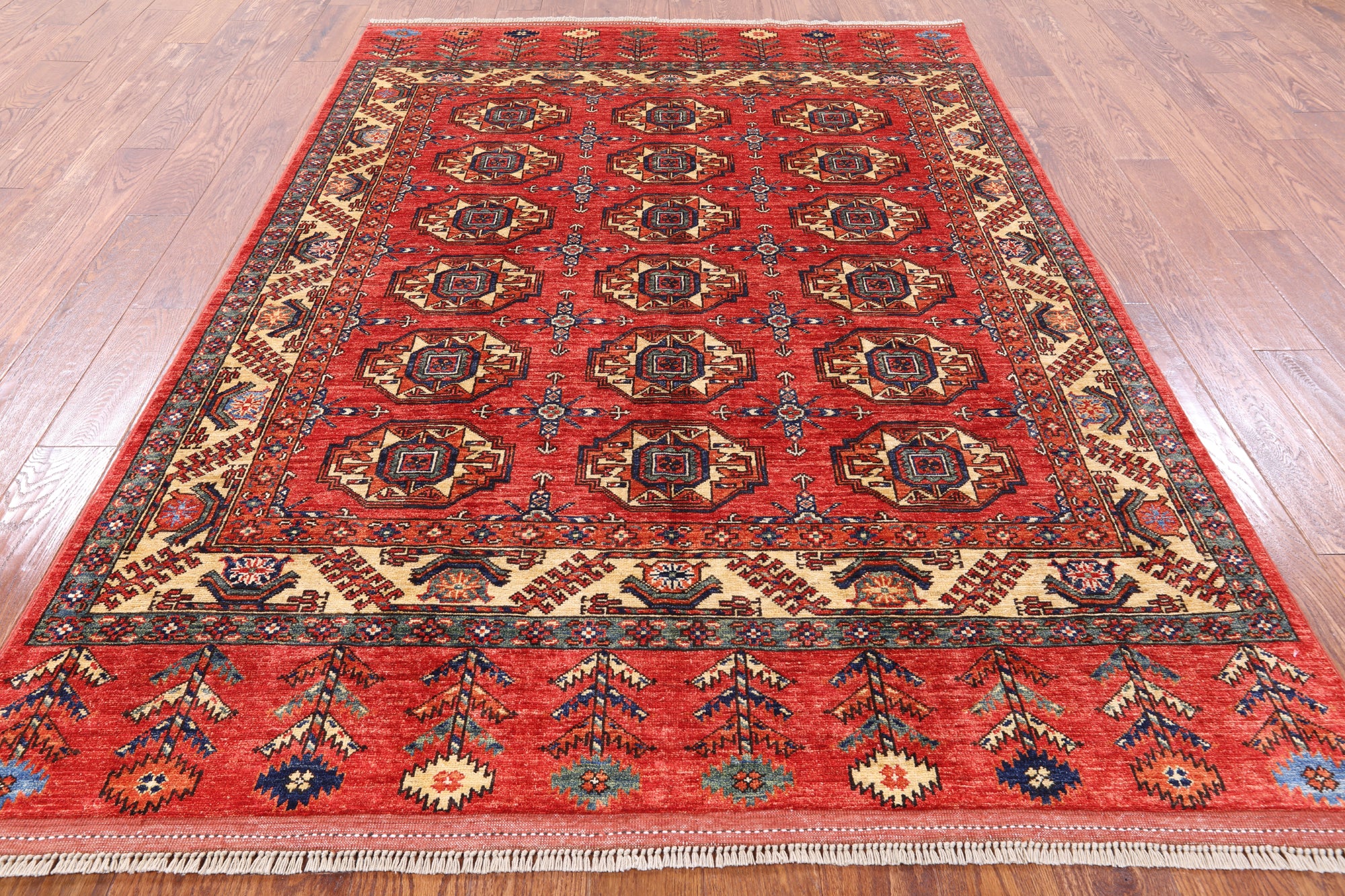 Red Turkmen Ersari Hand Knotted Wool Area Rug - 5' 7" X 8' 0" - Golden Nile