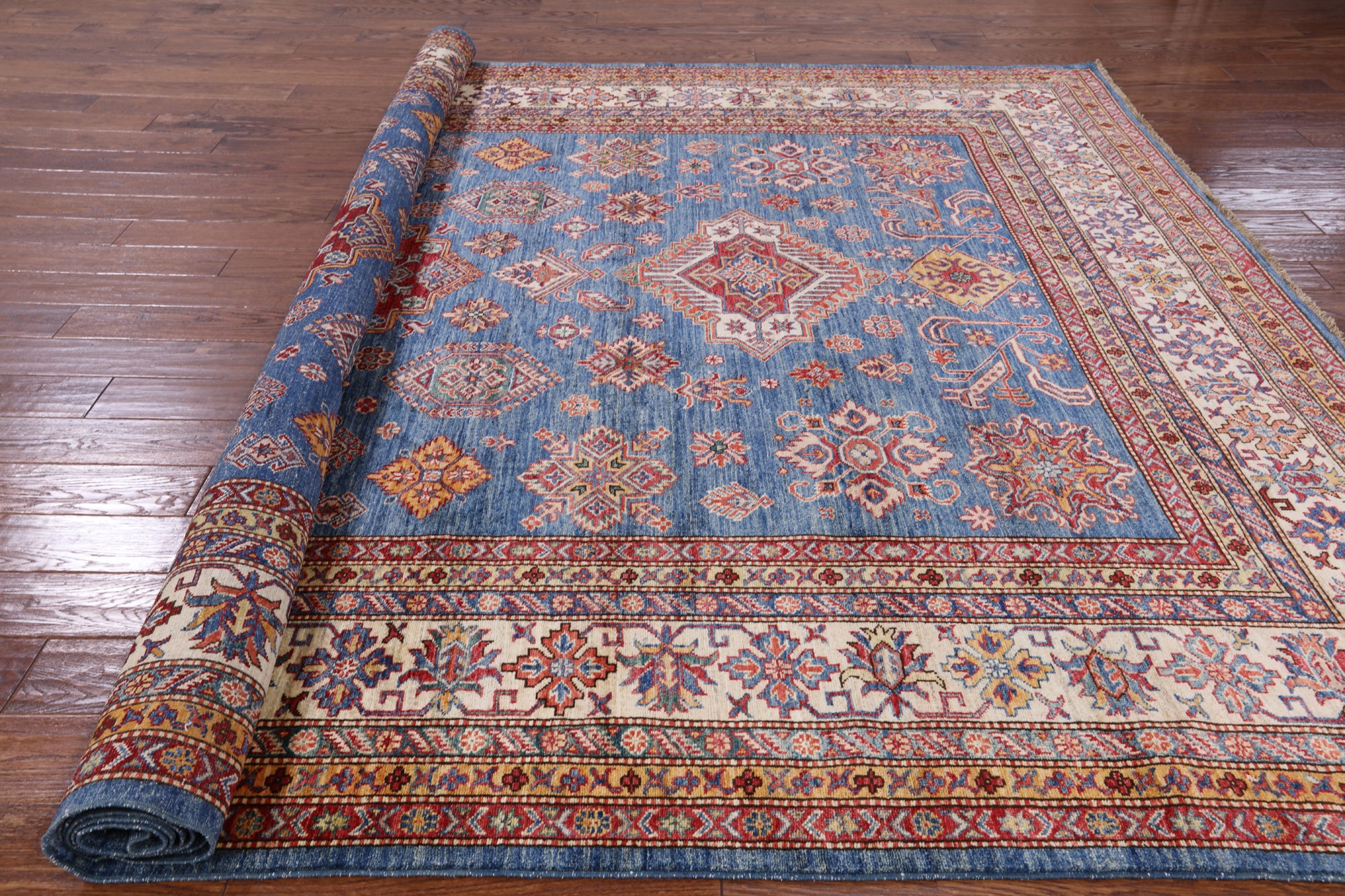 Blue Super Kazak Handmade Wool Area Rug - 9' 0" X 12' 3" - Golden Nile