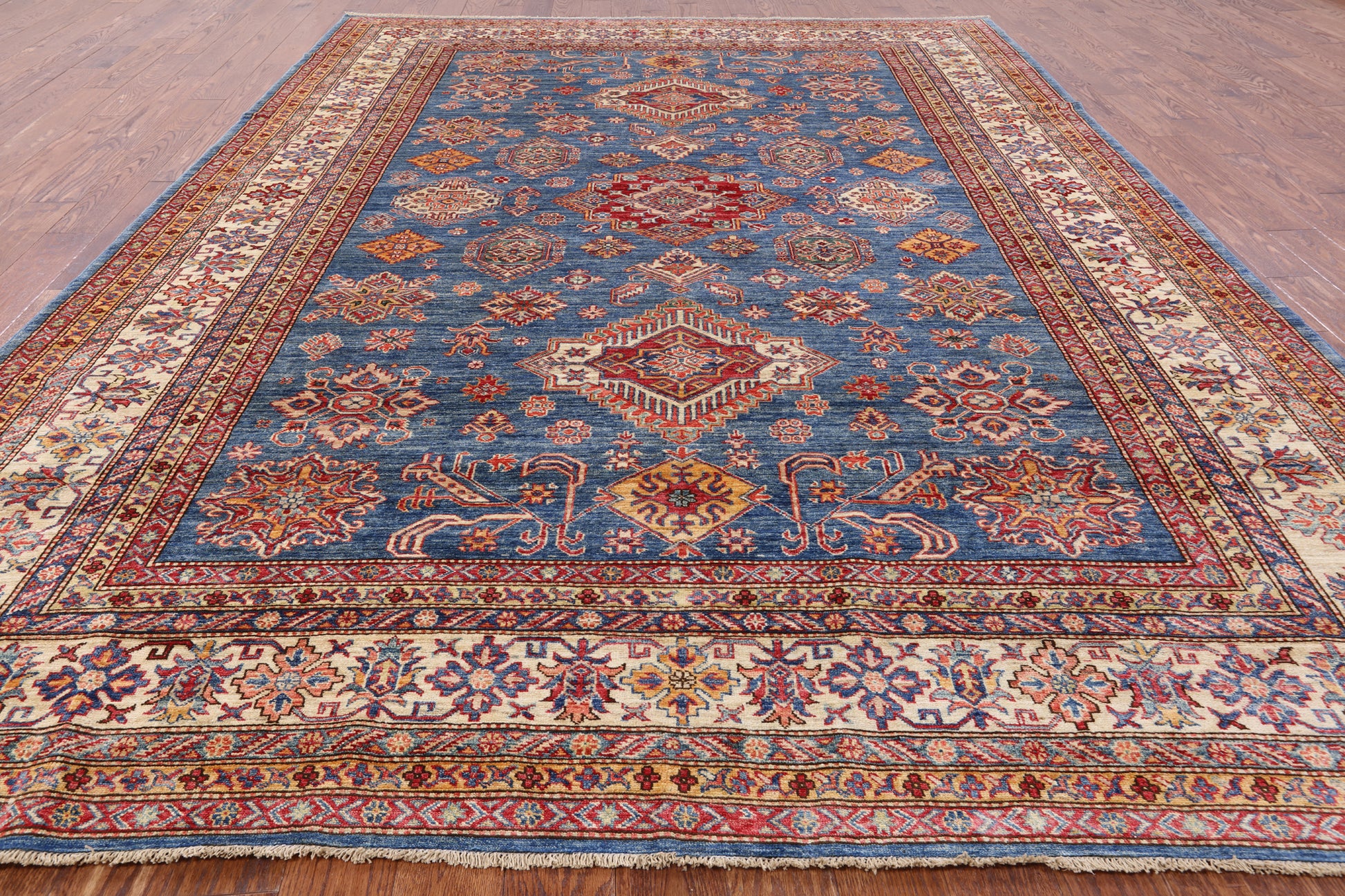 Blue Super Kazak Handmade Wool Area Rug - 9' 0" X 12' 3" - Golden Nile