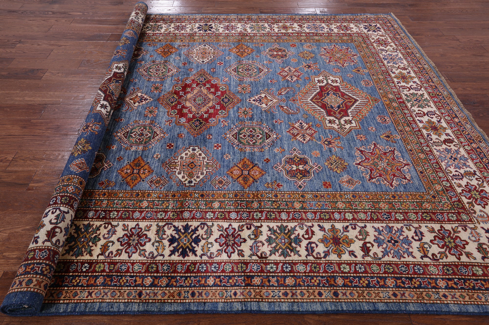 Blue Super Kazak Hand Knotted Wool Area Rug - 8' 0" X 9' 8" - Golden Nile