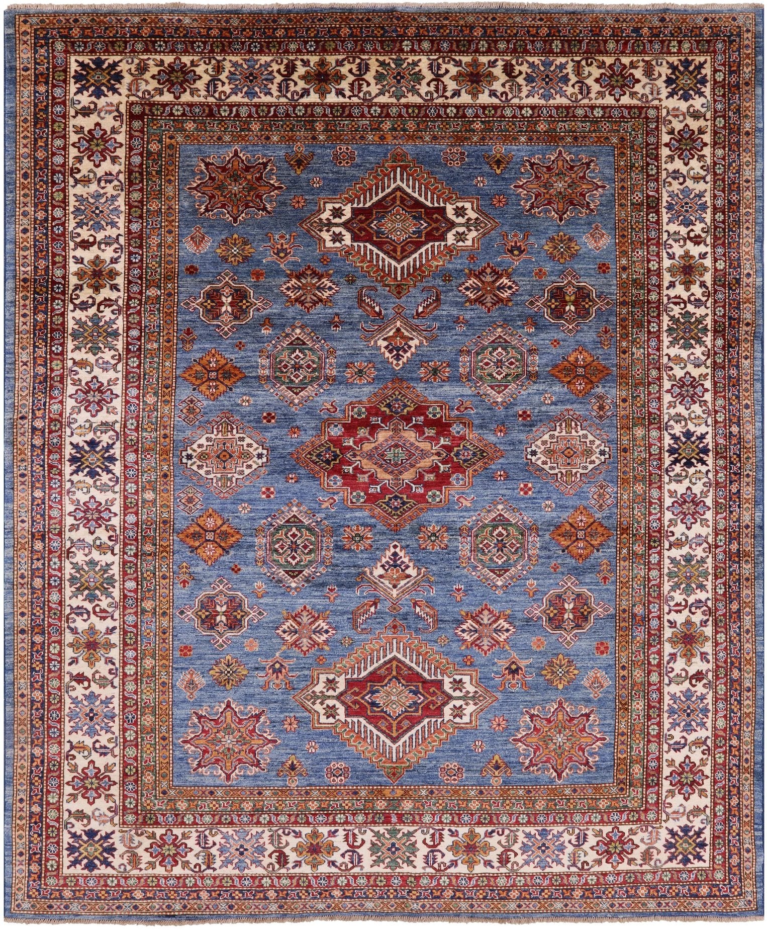 Blue Super Kazak Hand Knotted Wool Area Rug - 8' 0" X 9' 8" - Golden Nile