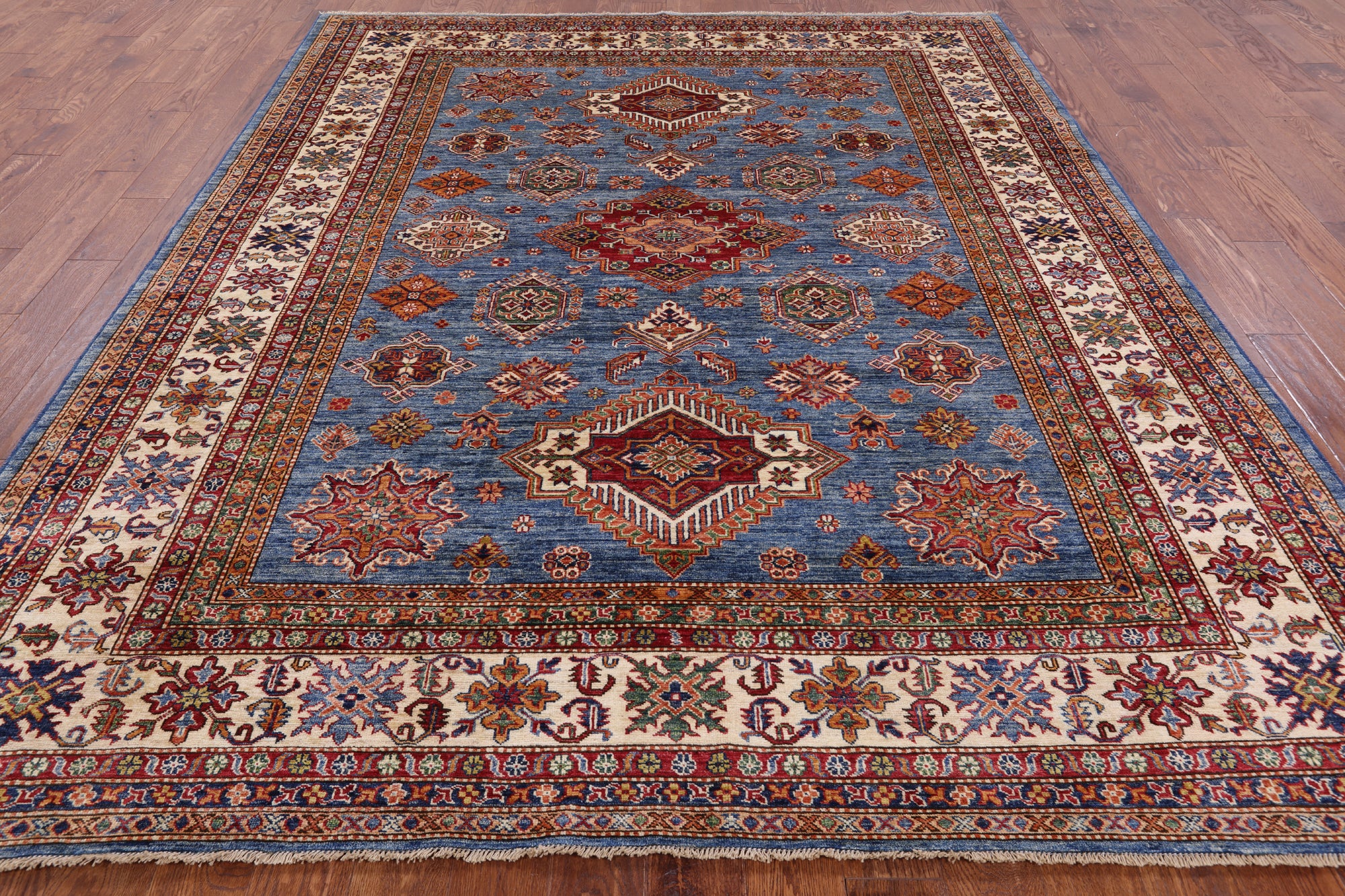 Blue Super Kazak Hand Knotted Wool Area Rug - 8' 0" X 9' 8" - Golden Nile