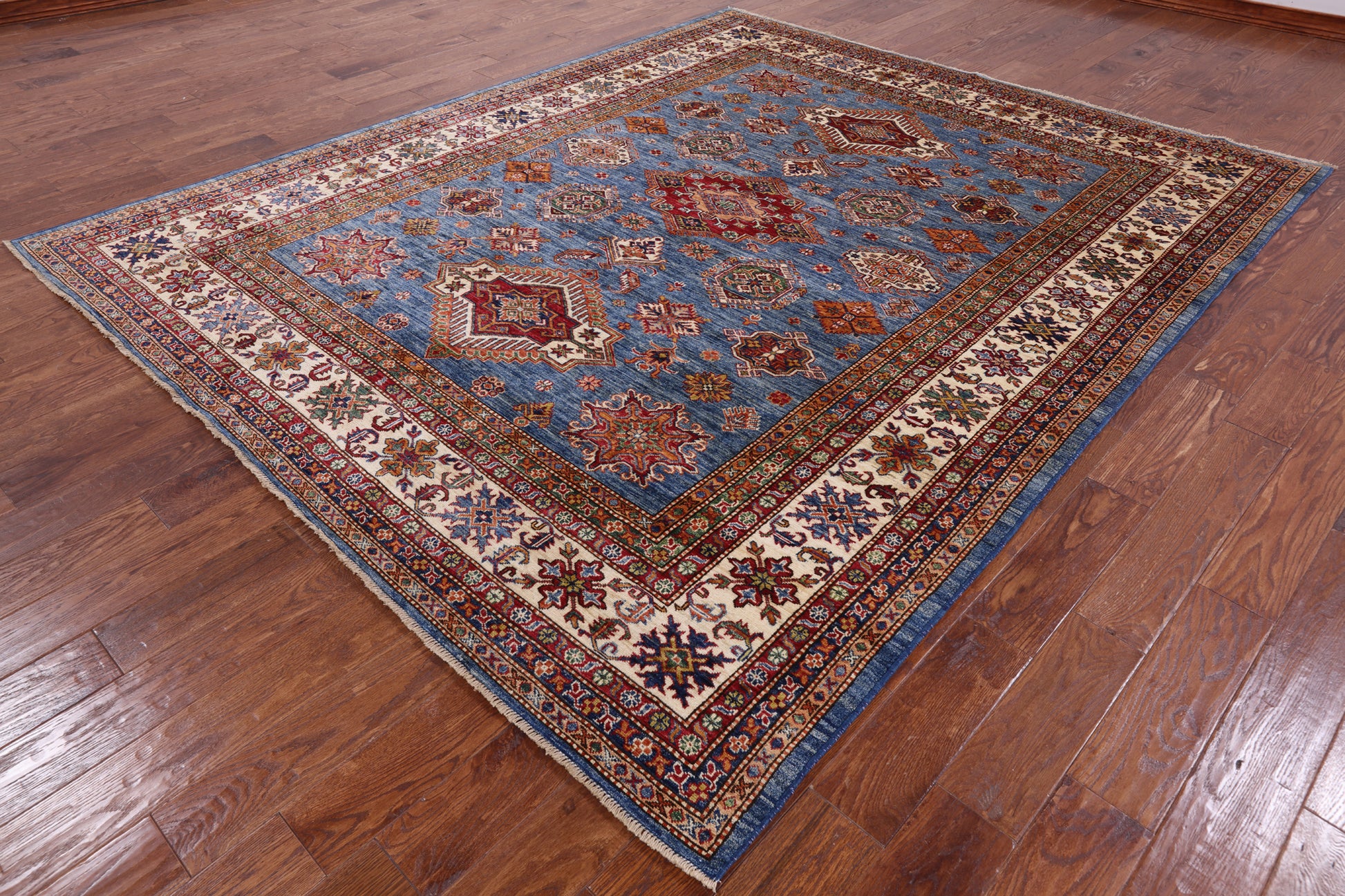 Blue Super Kazak Hand Knotted Wool Area Rug - 8' 0" X 9' 8" - Golden Nile