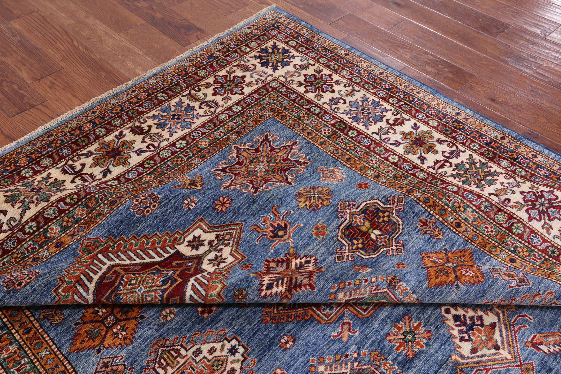 Blue Super Kazak Hand Knotted Wool Area Rug - 8' 0" X 9' 8" - Golden Nile