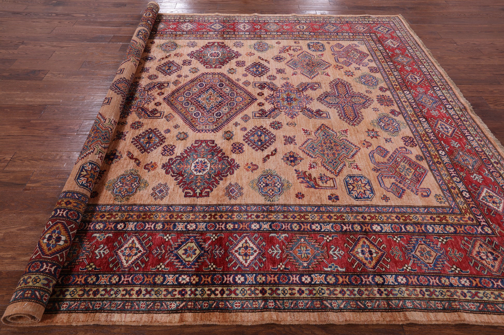 Super Kazak Hand Knotted Wool Area Rug - 8' 3" X 9' 9" - Golden Nile
