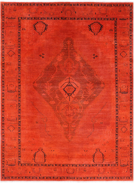 Orange Full Pile Overdyed Hand Knotted Wool Area Rug - 8' 10" X 11' 10" - Golden Nile