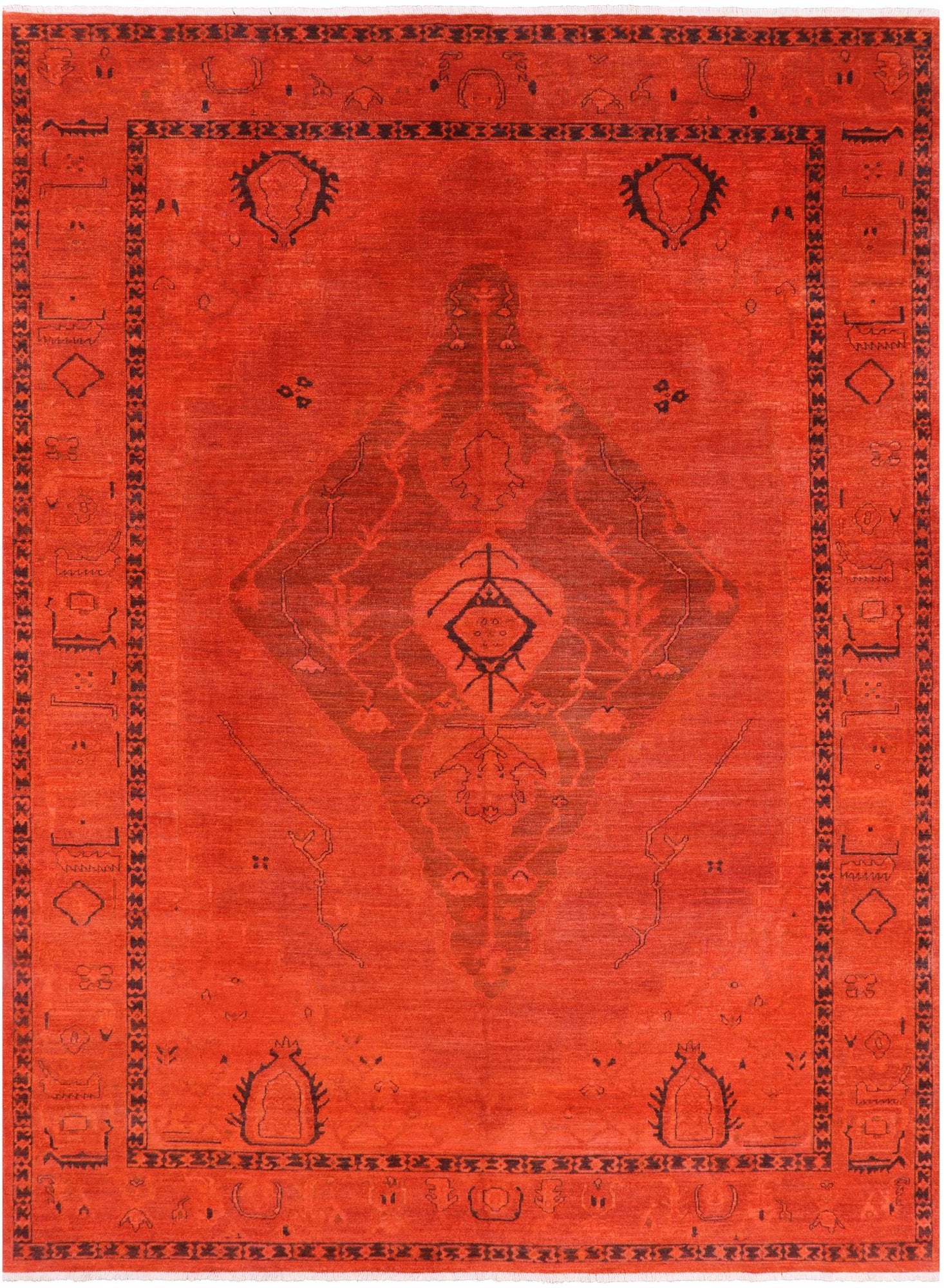 Orange Full Pile Overdyed Hand Knotted Wool Area Rug - 8' 10" X 11' 10" - Golden Nile