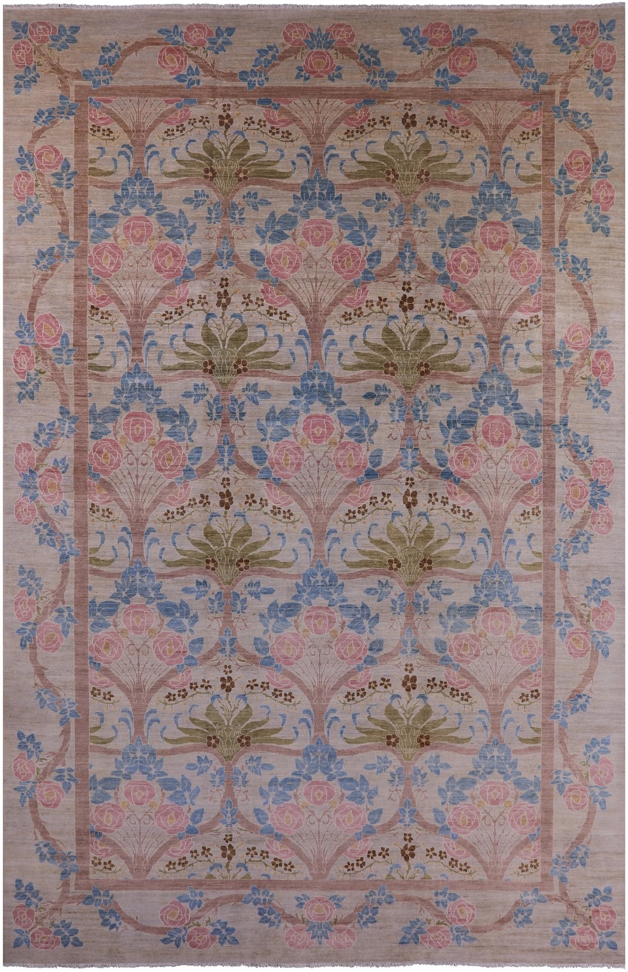 Ivory William Morris Handmade Wool Area Rug - 11' 10" X 18' 2" - Golden Nile