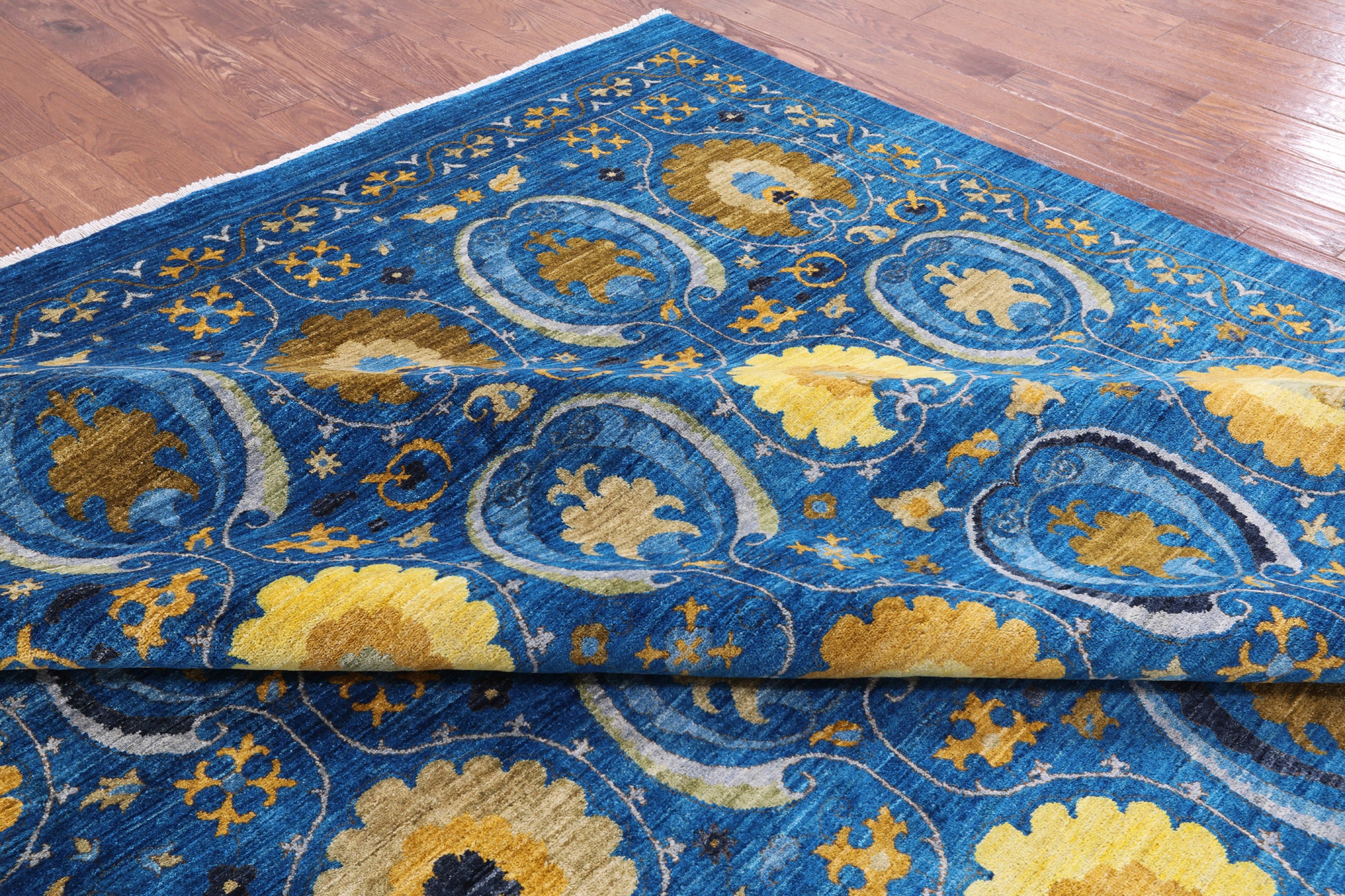 Blue William Morris Hand Knotted Wool Area Rug - 12' 1" X 15' 0" - Golden Nile