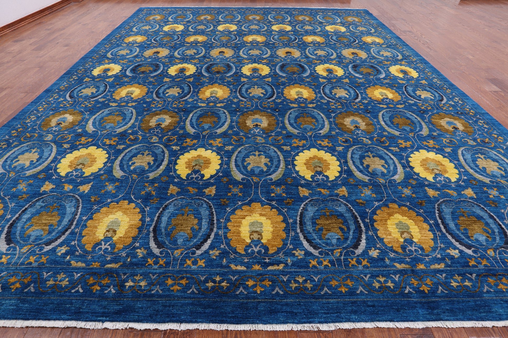 Blue William Morris Hand Knotted Wool Area Rug - 12' 1" X 15' 0" - Golden Nile