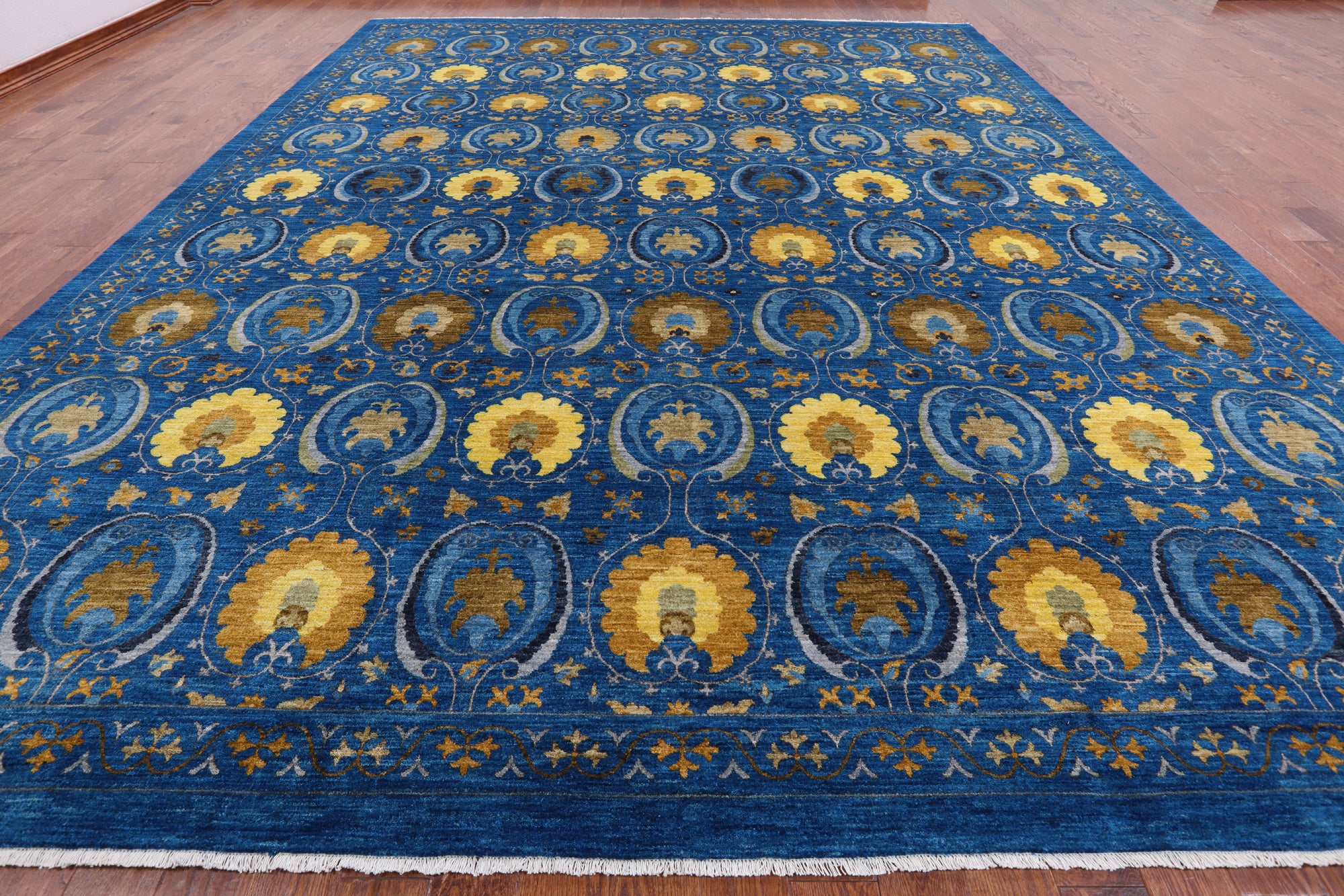 Blue William Morris Hand Knotted Wool Area Rug - 12' 1" X 15' 0" - Golden Nile