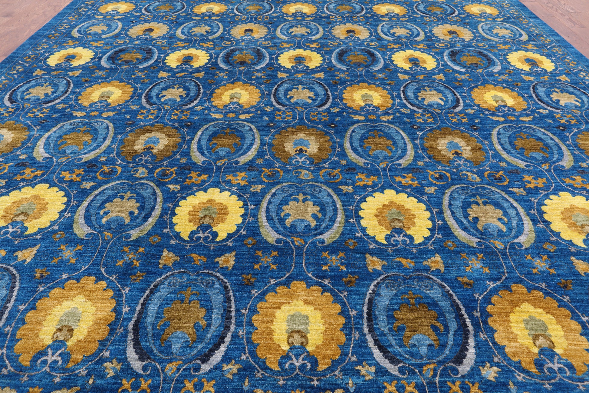 Blue William Morris Hand Knotted Wool Area Rug - 12' 1" X 15' 0" - Golden Nile