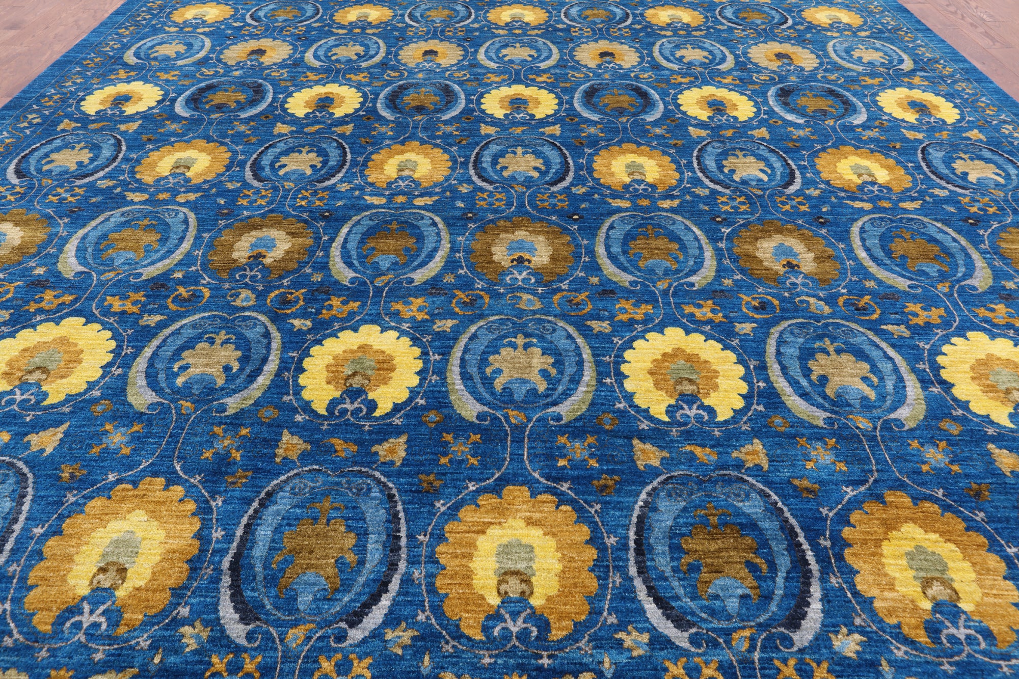 Blue William Morris Hand Knotted Wool Area Rug - 12' 1" X 15' 0" - Golden Nile