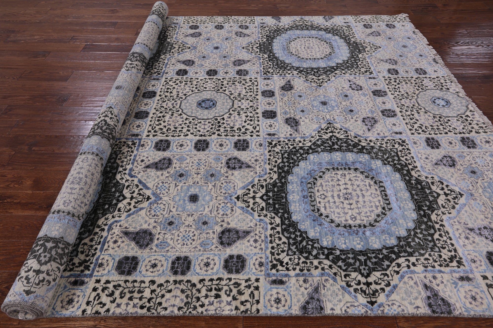 Geometric Persian Mamluk Handmade Wool & Silk Rug - 8' 0" X 9' 11" - Golden Nile