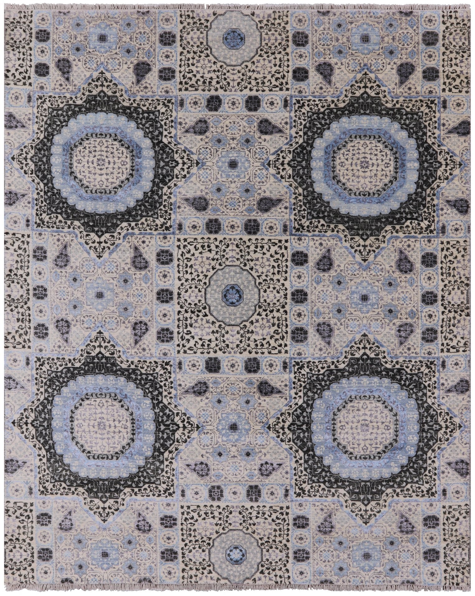Geometric Persian Mamluk Handmade Wool & Silk Rug - 8' 0" X 9' 11" - Golden Nile
