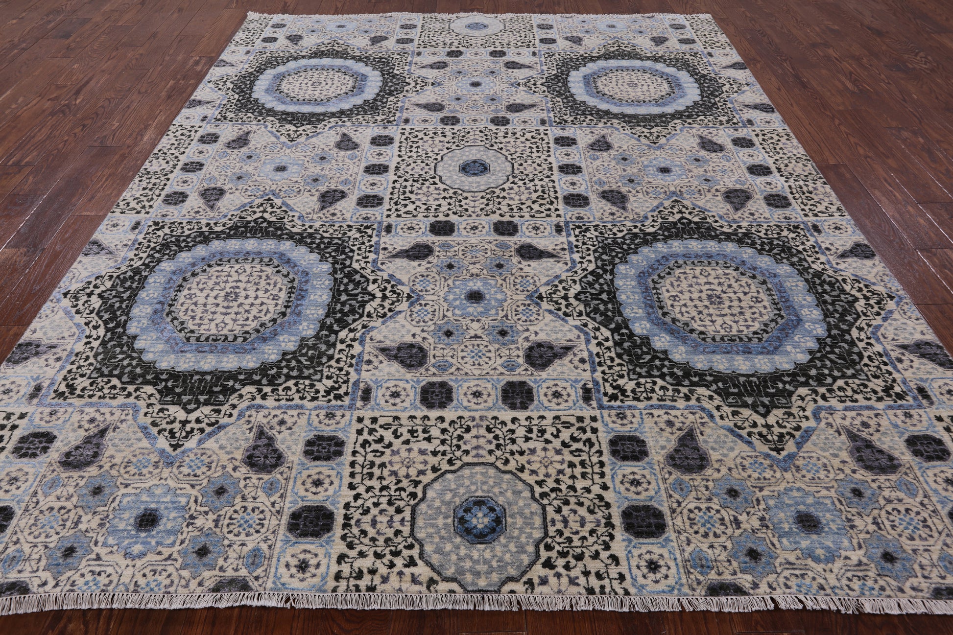 Geometric Persian Mamluk Handmade Wool & Silk Rug - 8' 0" X 9' 11" - Golden Nile