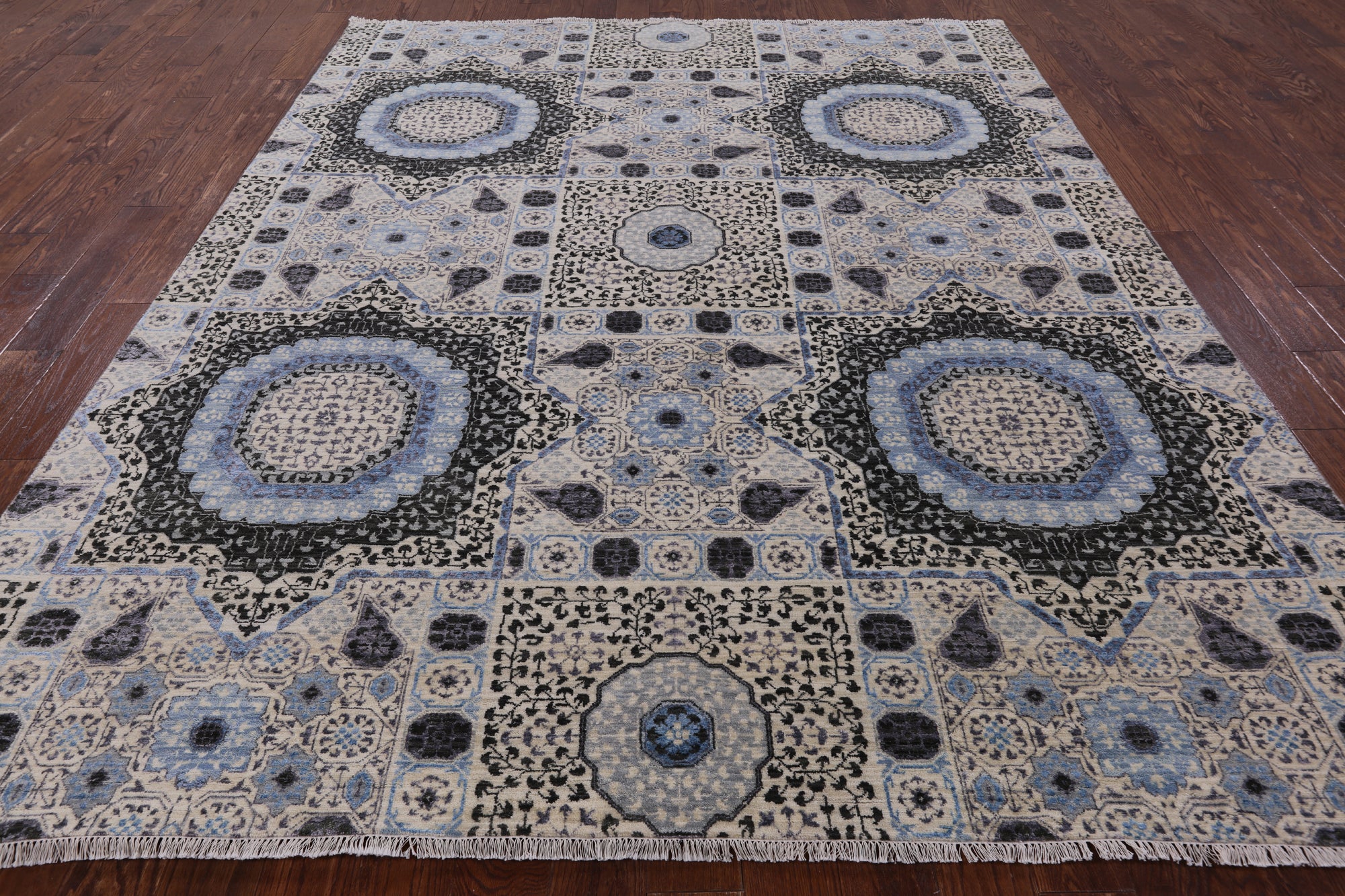Geometric Persian Mamluk Handmade Wool & Silk Rug - 8' 0" X 9' 11" - Golden Nile