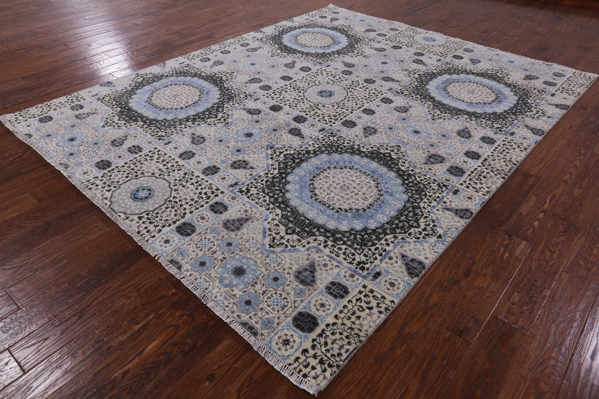Geometric Persian Mamluk Handmade Wool & Silk Rug - 8' 0" X 9' 11" - Golden Nile
