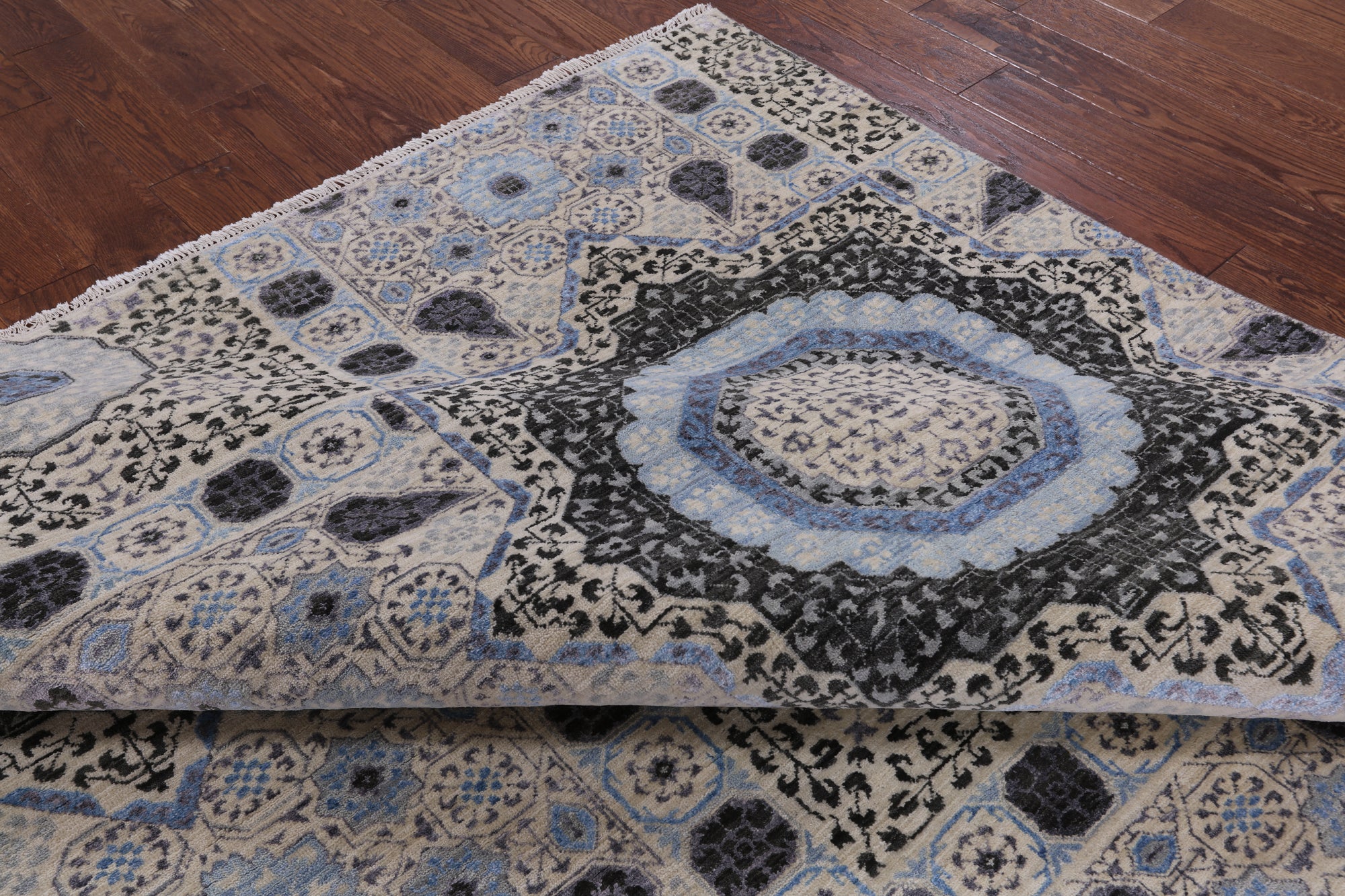 Geometric Persian Mamluk Handmade Wool & Silk Rug - 8' 0" X 9' 11" - Golden Nile