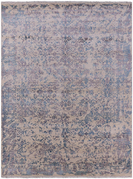 Ivory Modern Handmade Wool & Silk Rug - 9' 0" X 12' 0" - Golden Nile