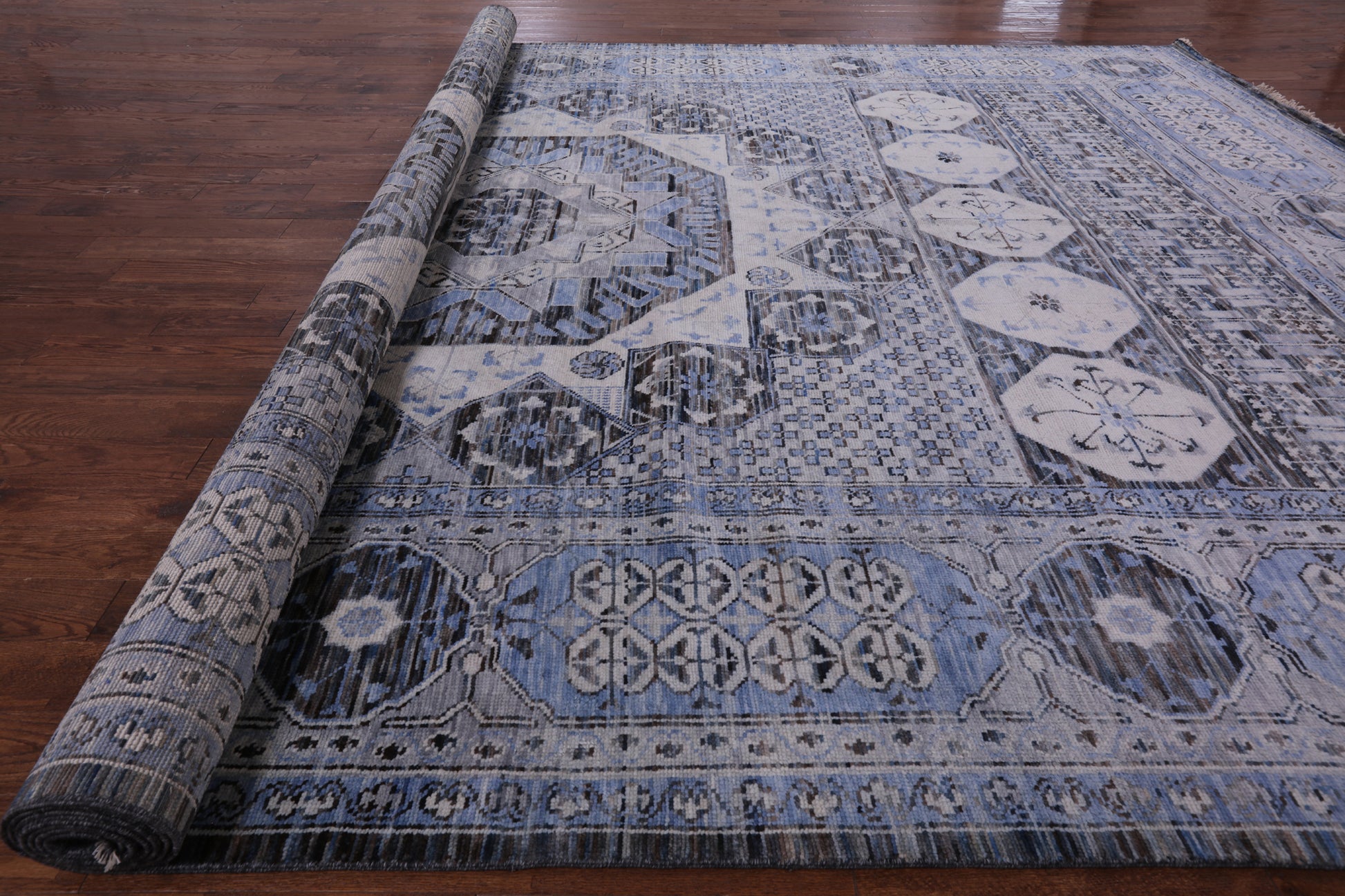 Grey Geometric Persian Hand Knotted Wool Rug - 12' 3" X 18' 2" - Golden Nile