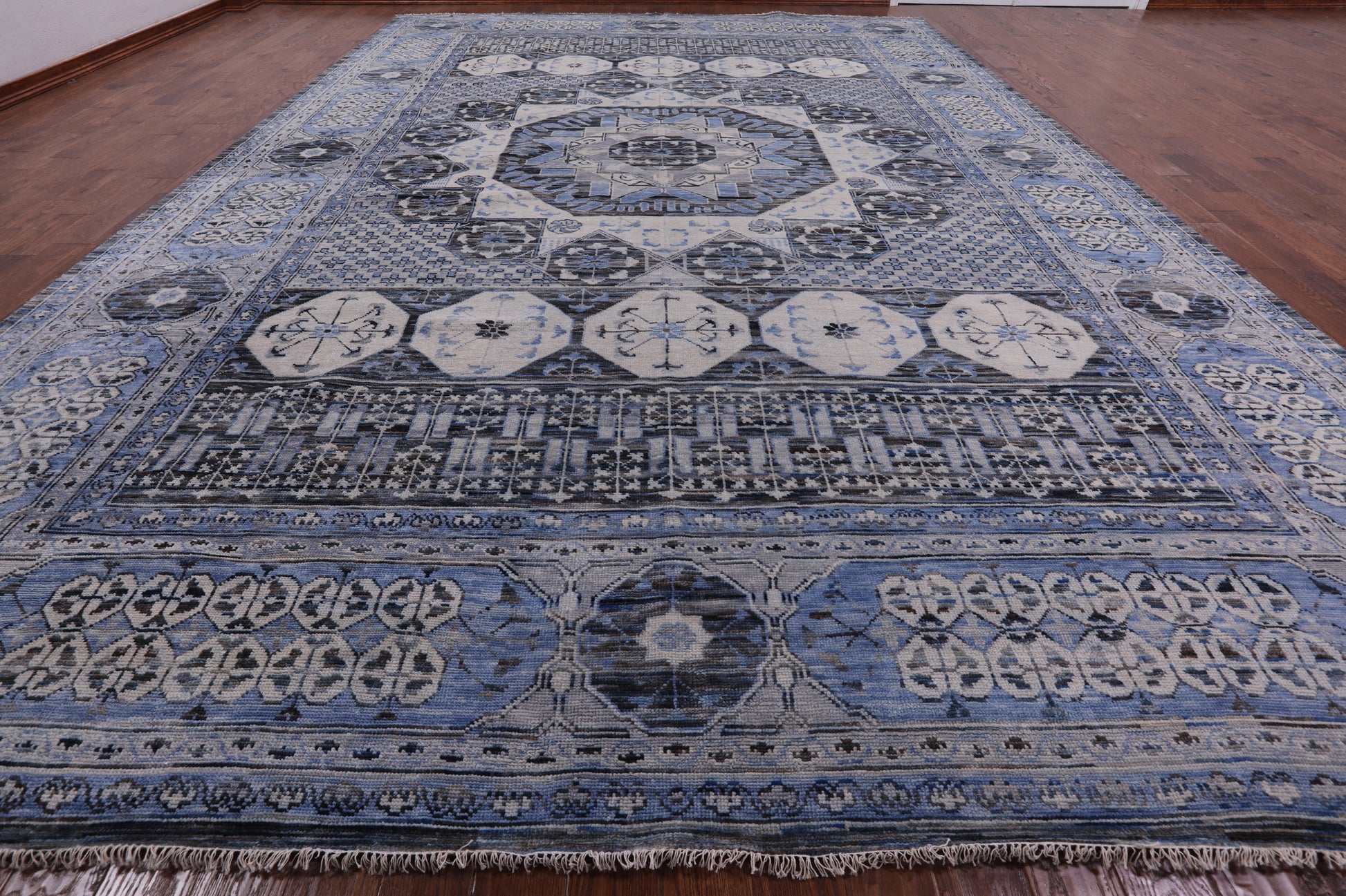 Grey Geometric Persian Hand Knotted Wool Rug - 12' 3" X 18' 2" - Golden Nile