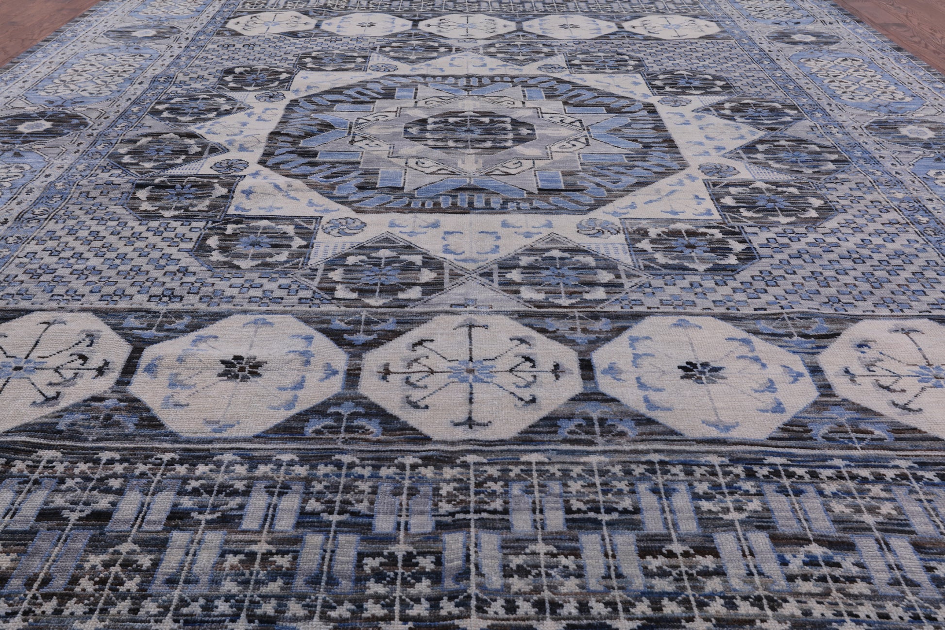 Grey Geometric Persian Hand Knotted Wool Rug - 12' 3" X 18' 2" - Golden Nile