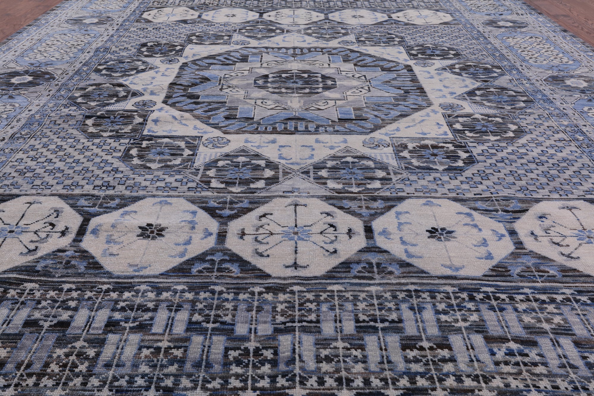 Grey Geometric Persian Hand Knotted Wool Rug - 12' 3" X 18' 2" - Golden Nile