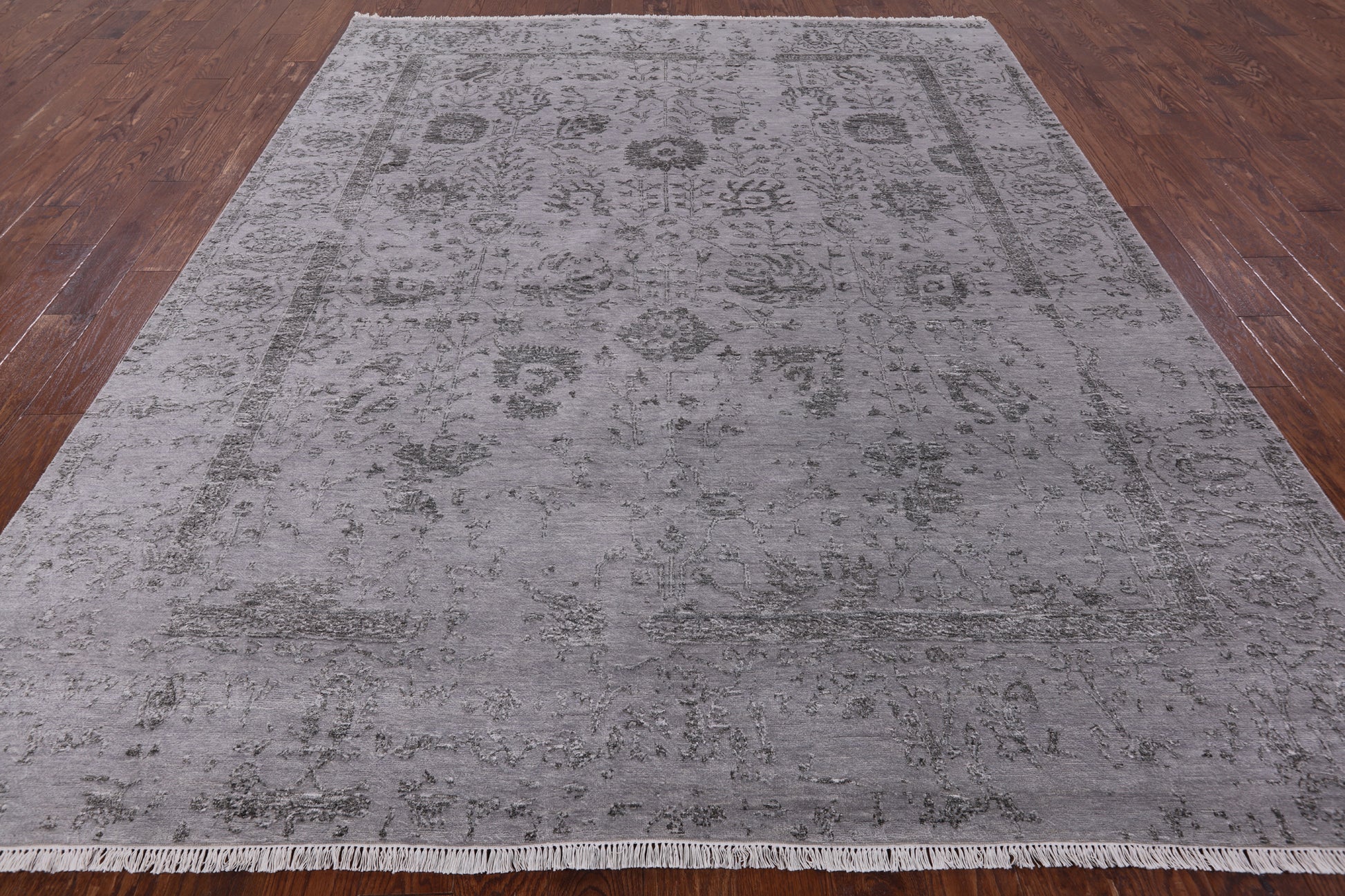 Grey Modern Floral Hand-Knotted Wool & Silk Rug - 8' 0" X 10' 0" - Golden Nile
