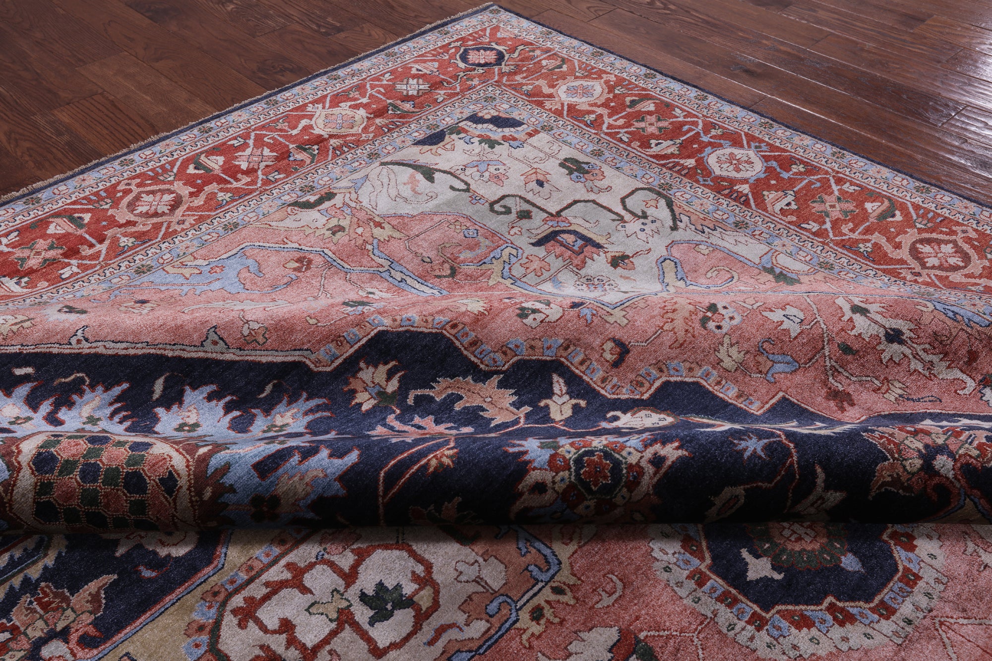 Blue Fine Serapi Hand Knotted 100% Silk Rug - 9' 10" X 13' 10" - Golden Nile