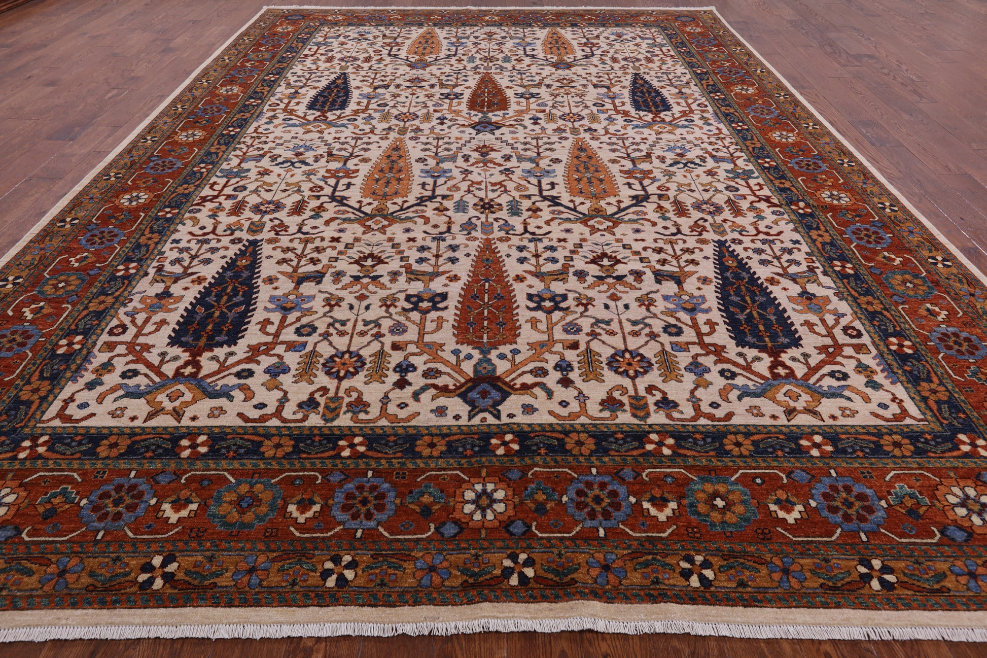Ivory Cypress Tree Hand Knotted Wool Rug - 10' 0" X 14' 1" - Golden Nile