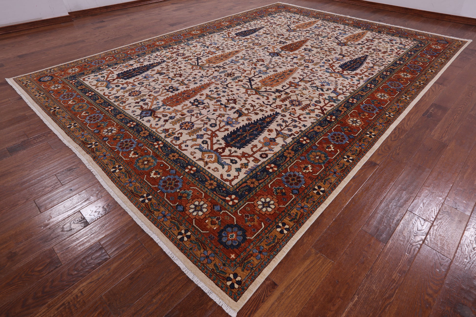 Ivory Cypress Tree Hand Knotted Wool Rug - 10' 0" X 14' 1" - Golden Nile
