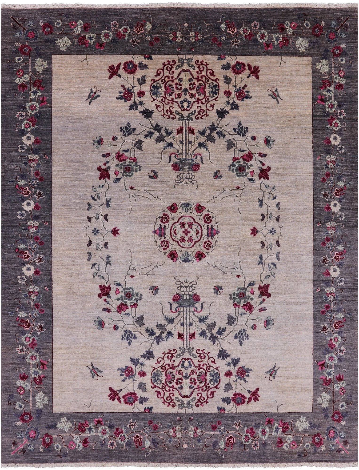Ivory William Morris Hand Knotted Wool Rug - 7' 10" X 10' 1" - Golden Nile