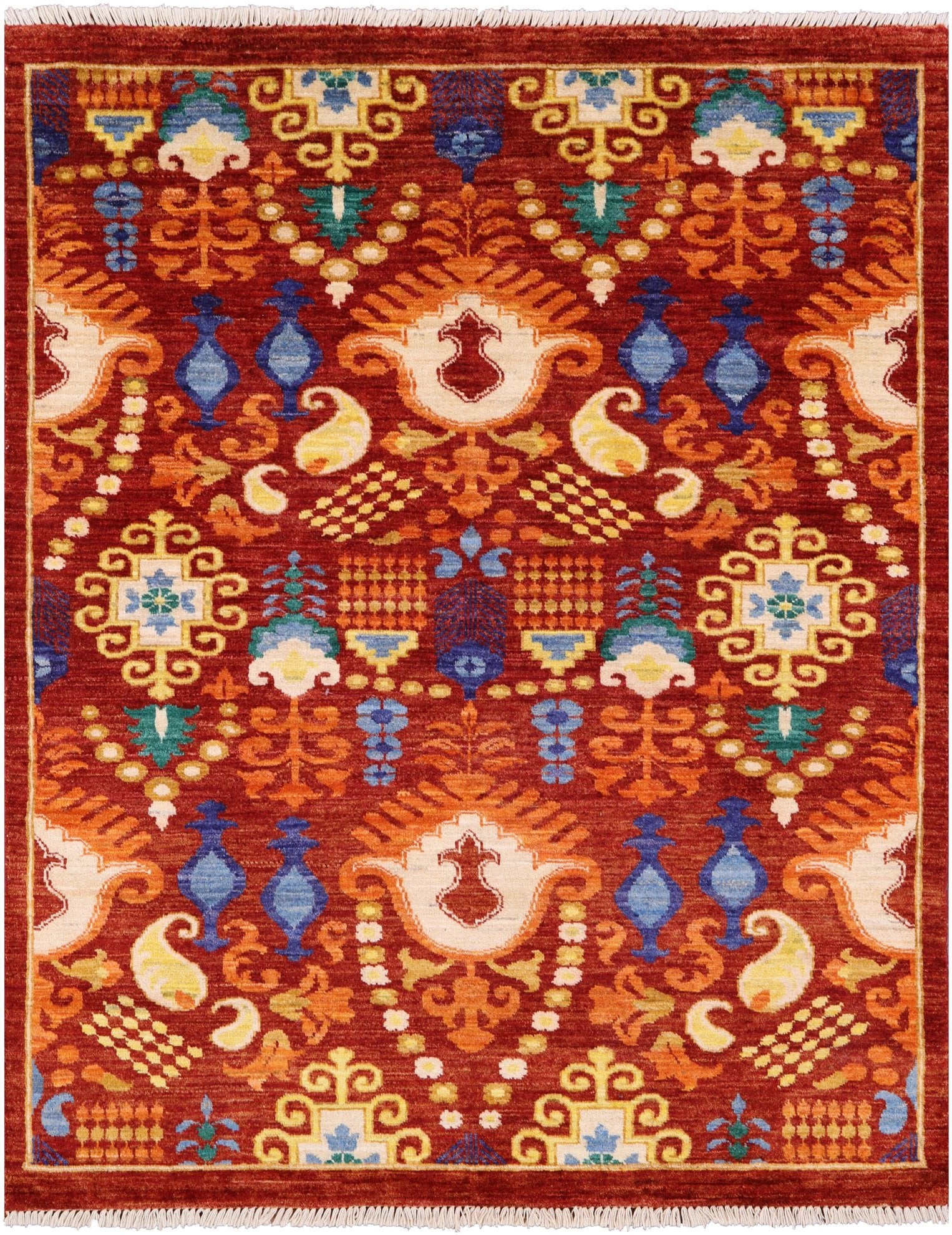 Red Fine Serapi Hand Knotted Wool Rug - 4' 4" X 5' 4" - Golden Nile