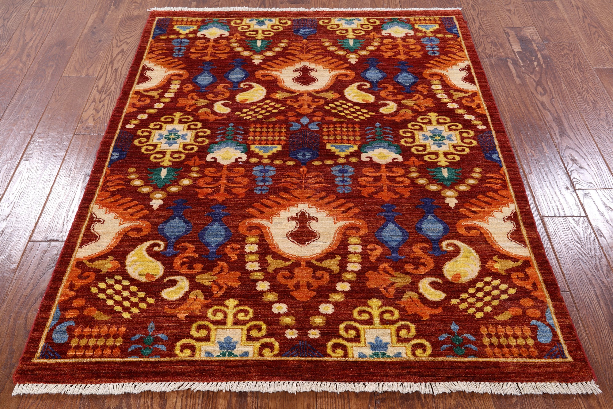 Red Fine Serapi Hand Knotted Wool Rug - 4' 4" X 5' 4" - Golden Nile