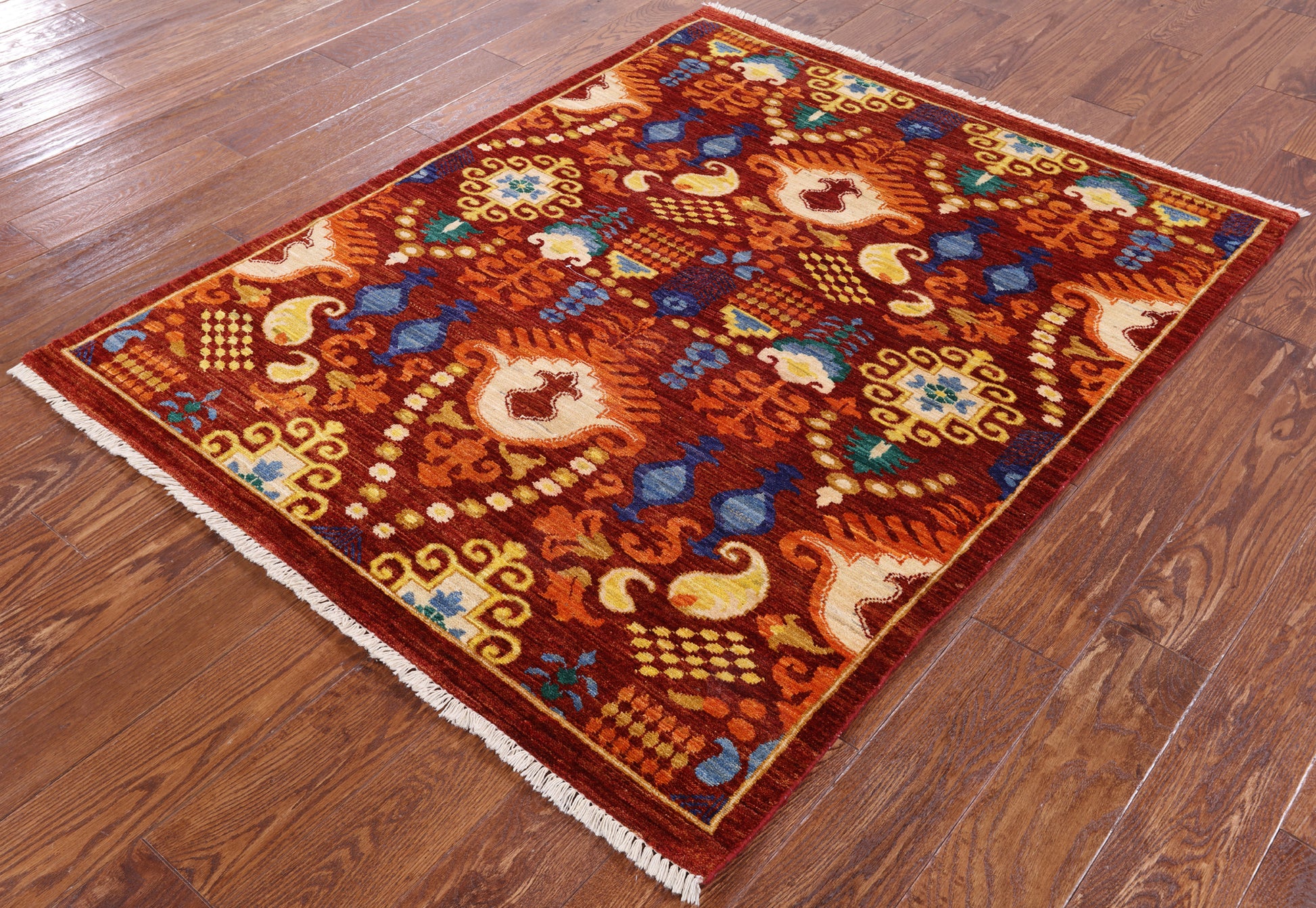 Red Fine Serapi Hand Knotted Wool Rug - 4' 4" X 5' 4" - Golden Nile