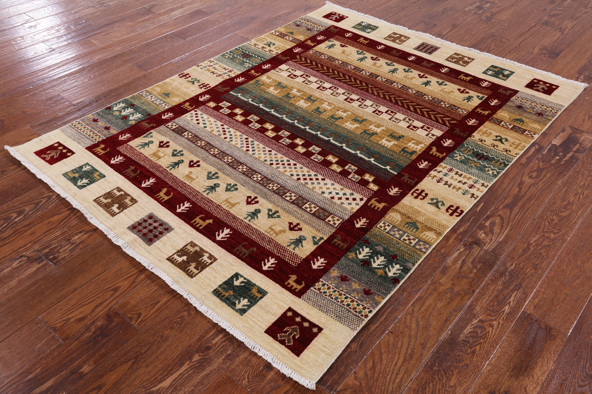 Tribal Gabbeh Handmade Wool Rug - 4' 10" X 6' 6" - Golden Nile