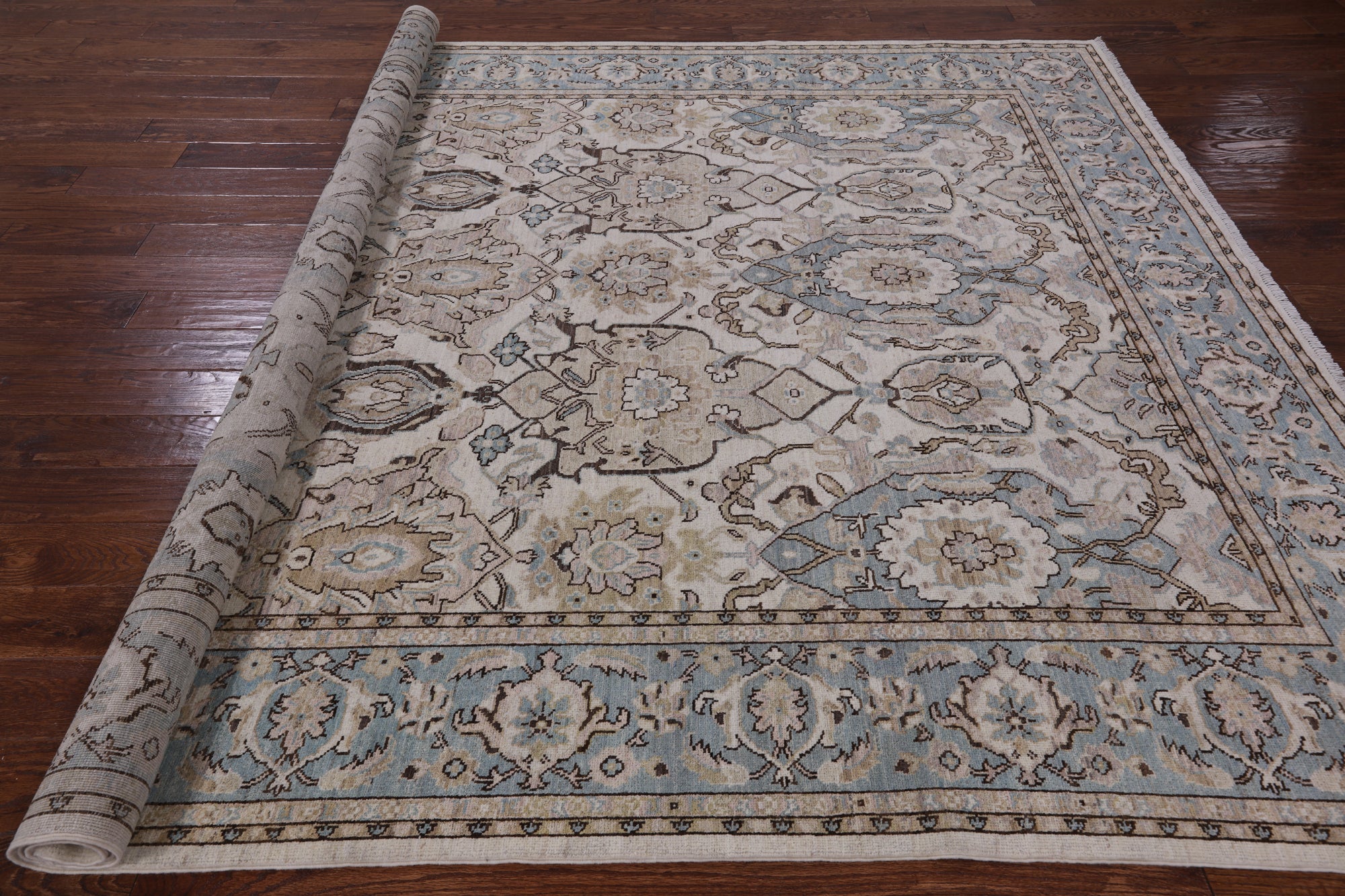 Ivory Geometric Persian Hand Knotted Wool Rug - 8' 2" X 9' 8" - Golden Nile