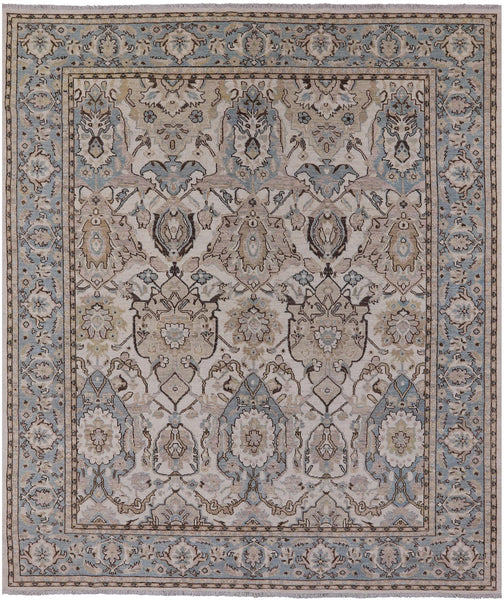 Ivory Geometric Persian Hand Knotted Wool Rug - 8' 2" X 9' 8" - Golden Nile