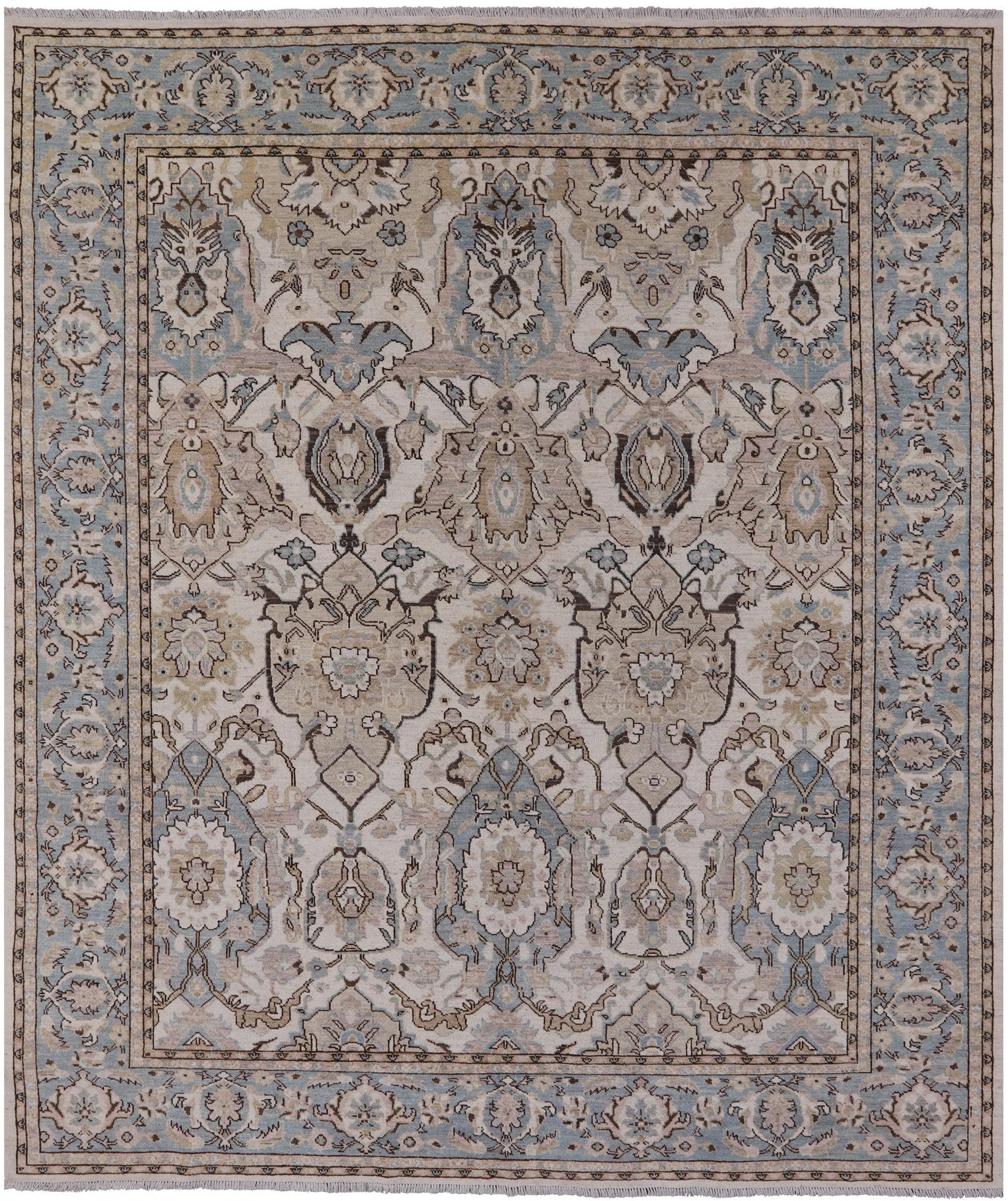 Ivory Geometric Persian Hand Knotted Wool Rug - 8' 2" X 9' 8" - Golden Nile