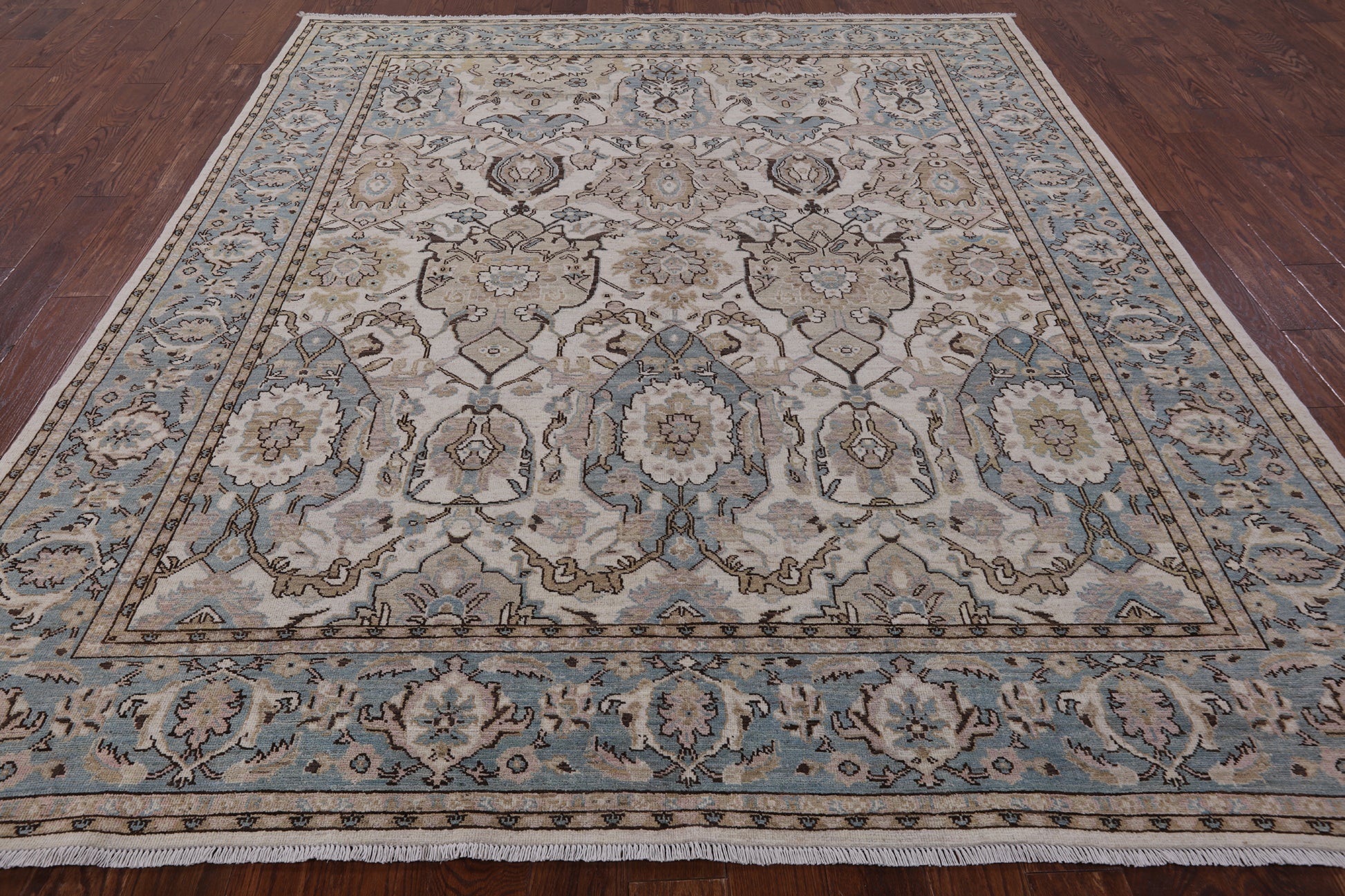 Ivory Geometric Persian Hand Knotted Wool Rug - 8' 2" X 9' 8" - Golden Nile