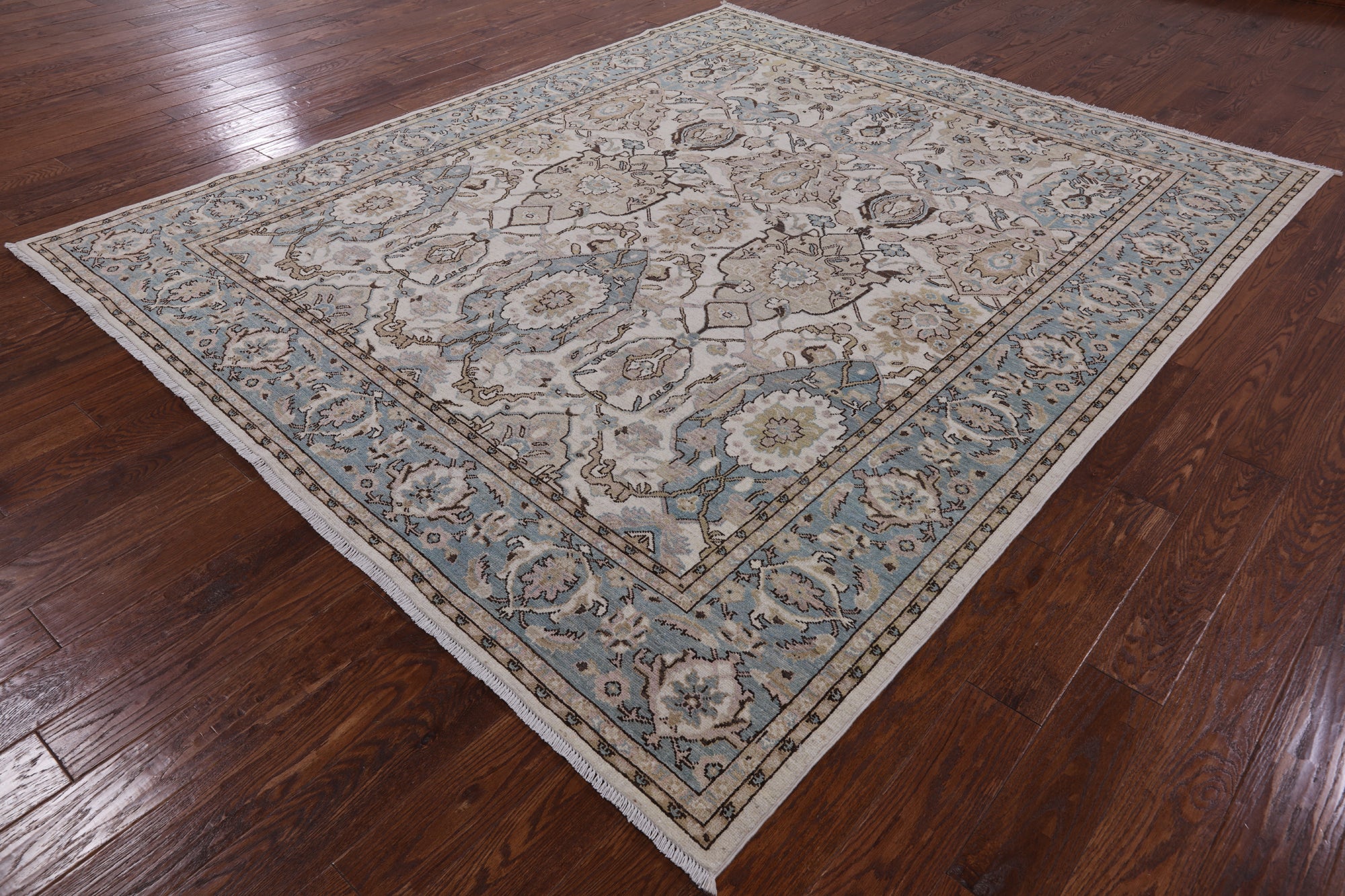 Ivory Geometric Persian Hand Knotted Wool Rug - 8' 2" X 9' 8" - Golden Nile