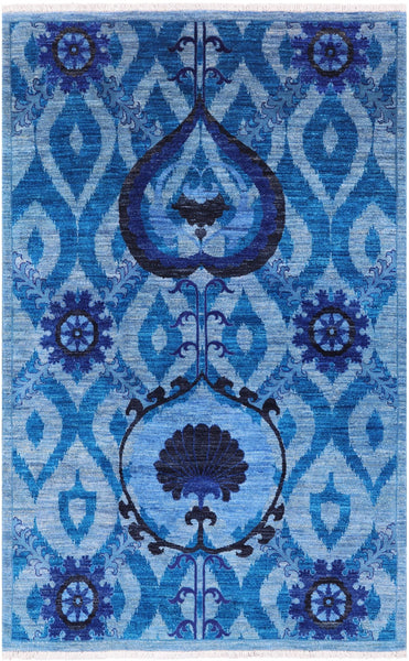 Blue William Morris Hand Knotted Wool Rug - 4' 3" X 6' 6" - Golden Nile