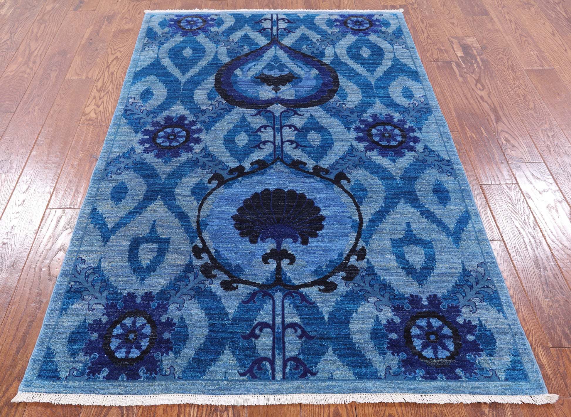 Blue William Morris Hand Knotted Wool Rug - 4' 3" X 6' 6" - Golden Nile