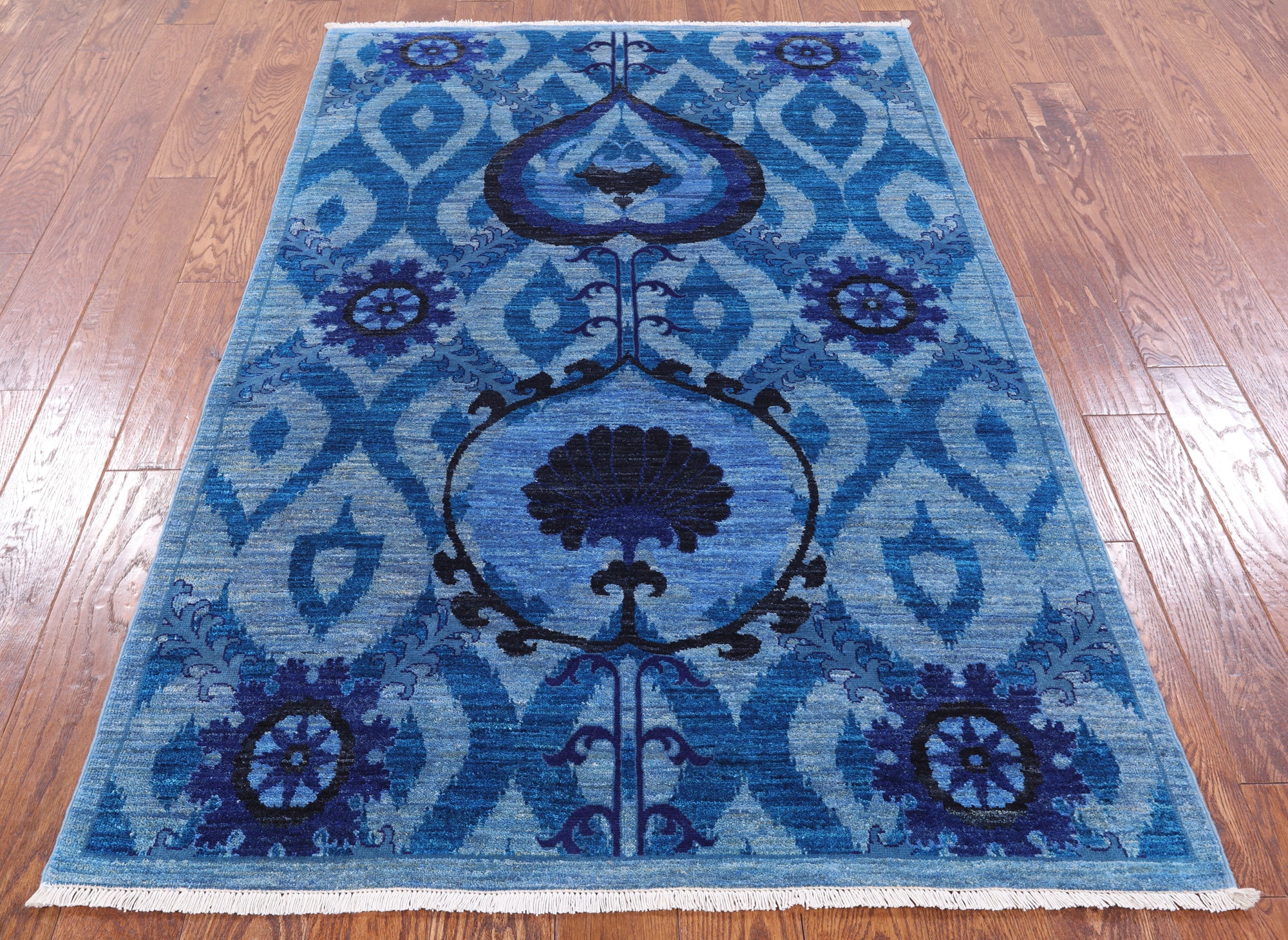 Blue William Morris Hand Knotted Wool Rug - 4' 3" X 6' 6" - Golden Nile