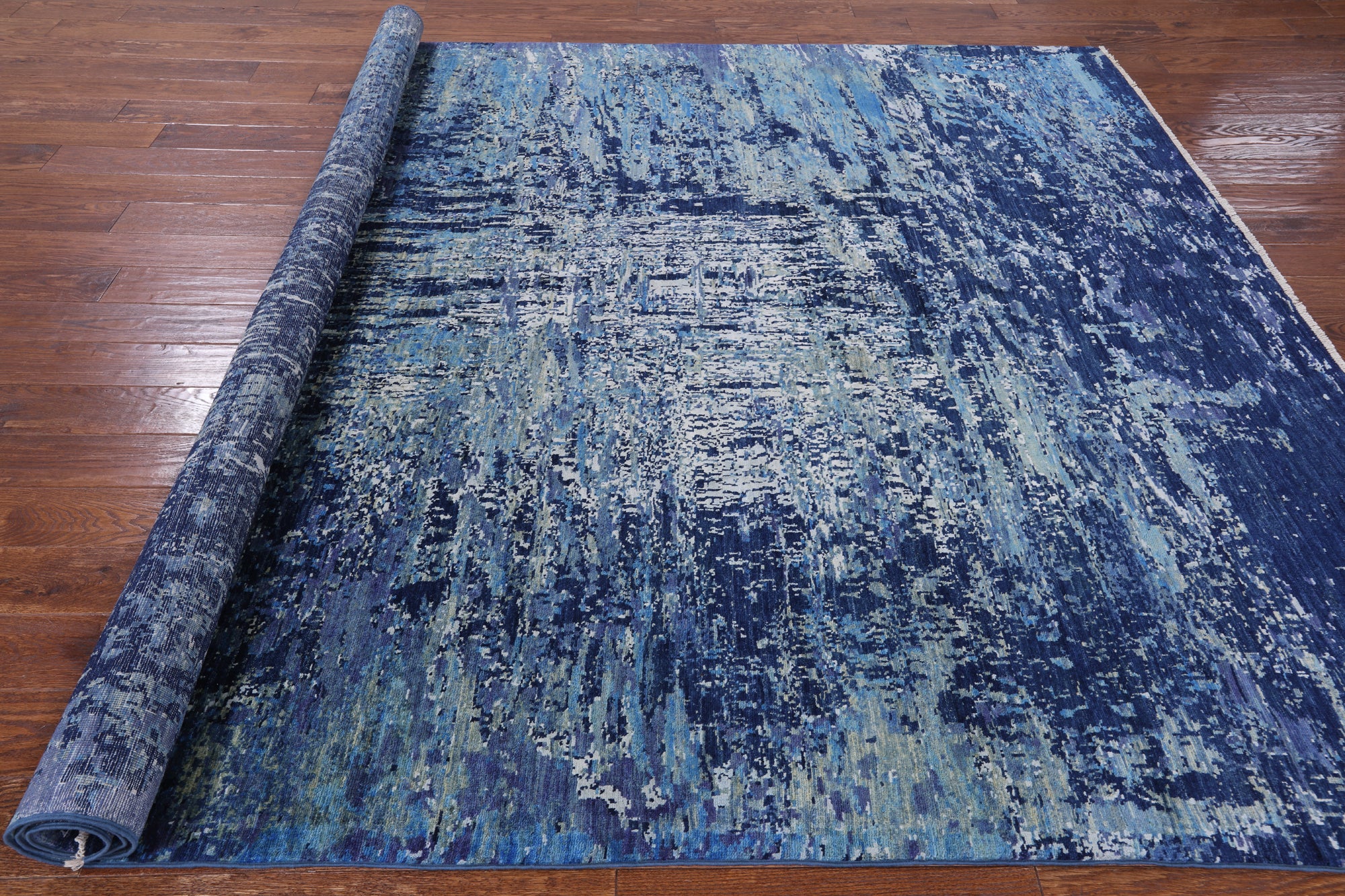 Blue Contemporary Hand Knotted Wool & Silk Rug - 8' 2" X 9' 10" - Golden Nile